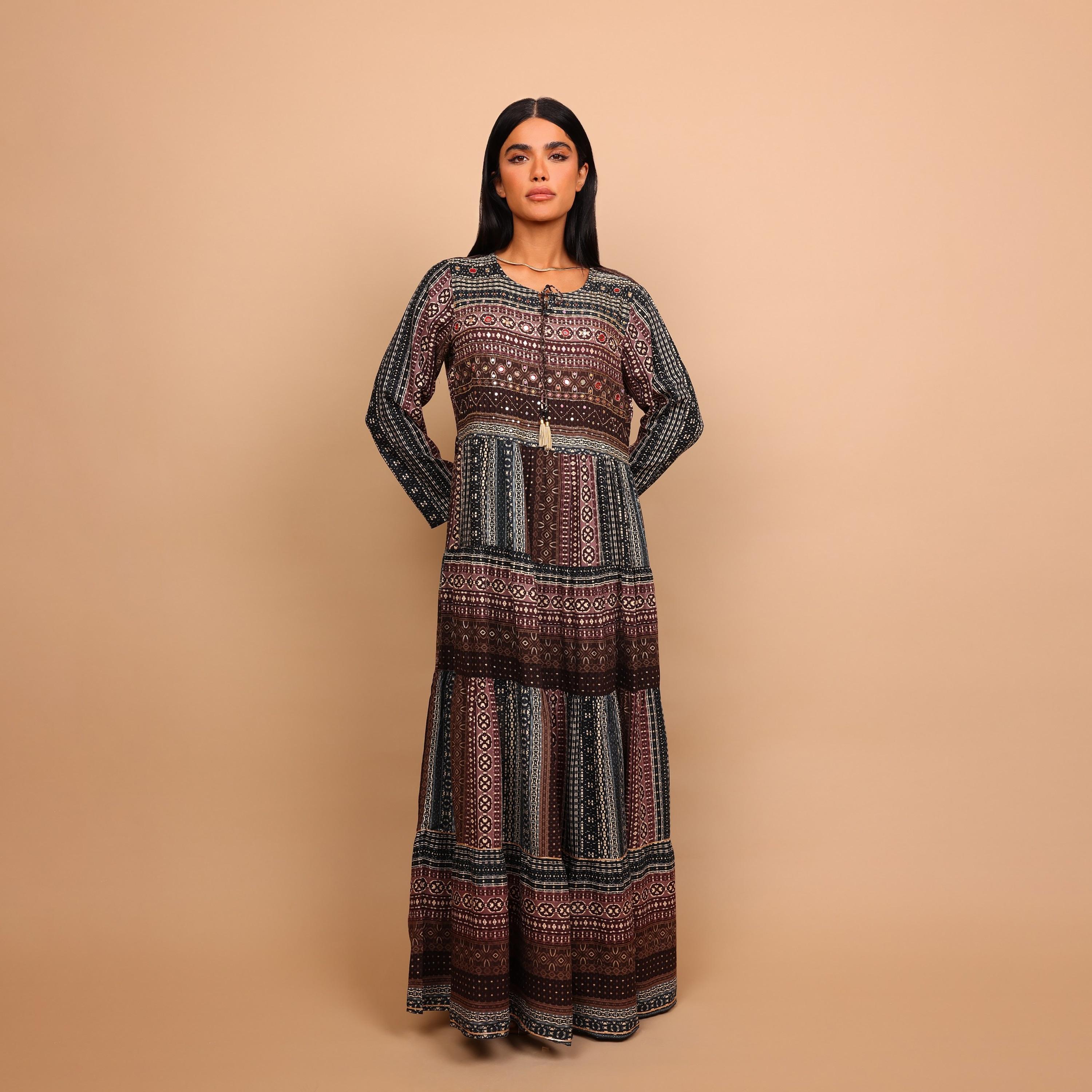 IKKXA Geometric Print Women's Tiered Jalabiya-women-arabicclothing-jalabiyas-image-2