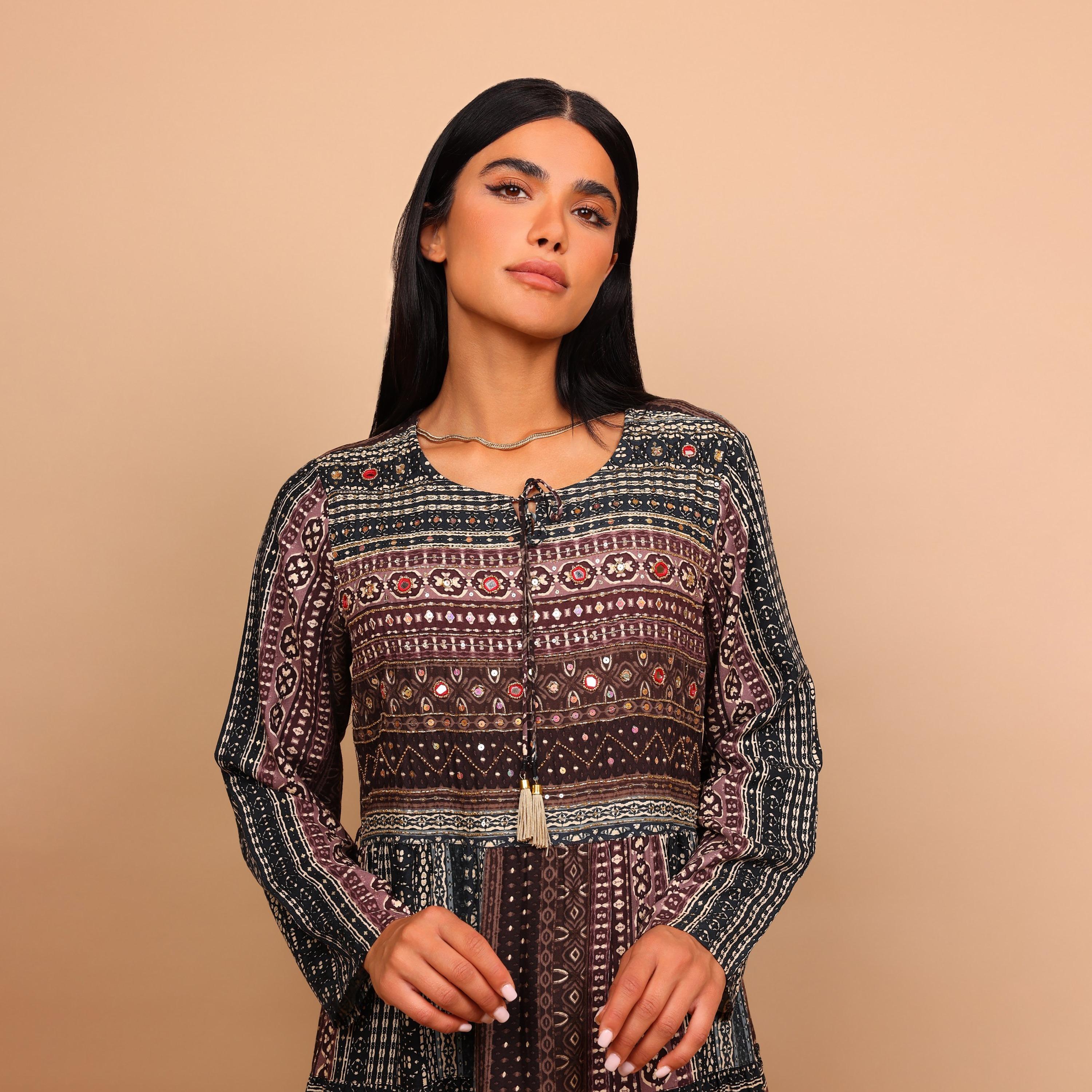 IKKXA Geometric Print Women's Tiered Jalabiya-women-arabicclothing-jalabiyas-image-3