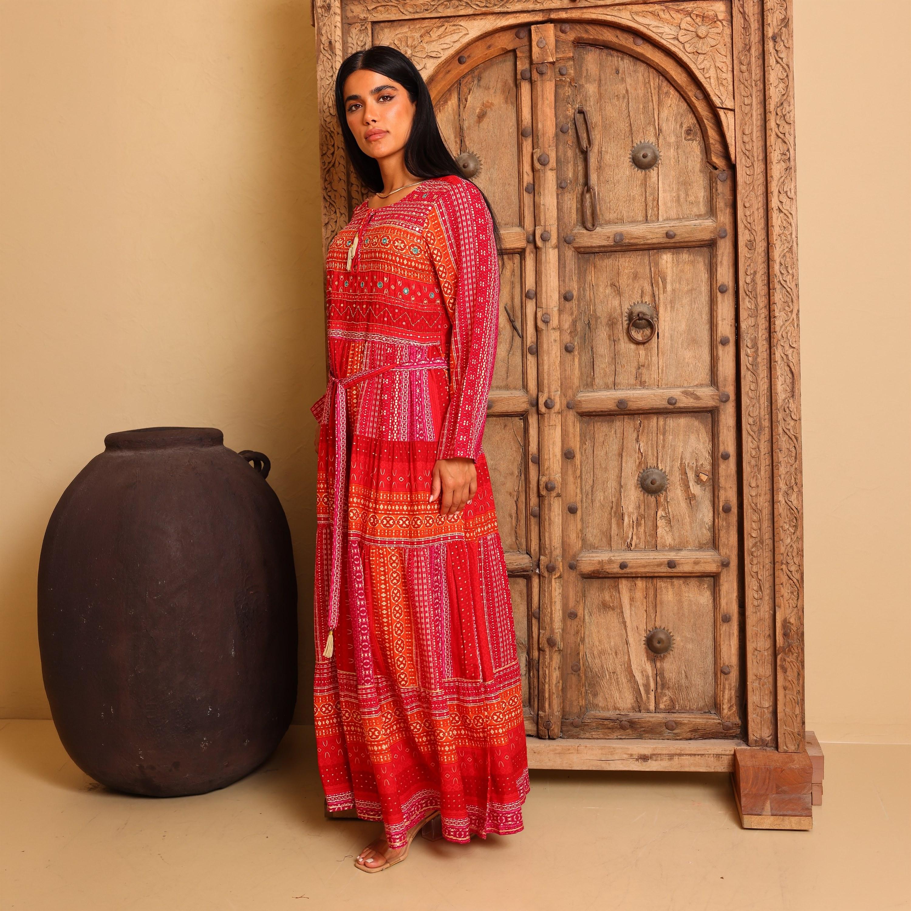 IKKXA Geometric Print Women's Tiered Jalabiya-women-arabicclothing-jalabiyas-image-1