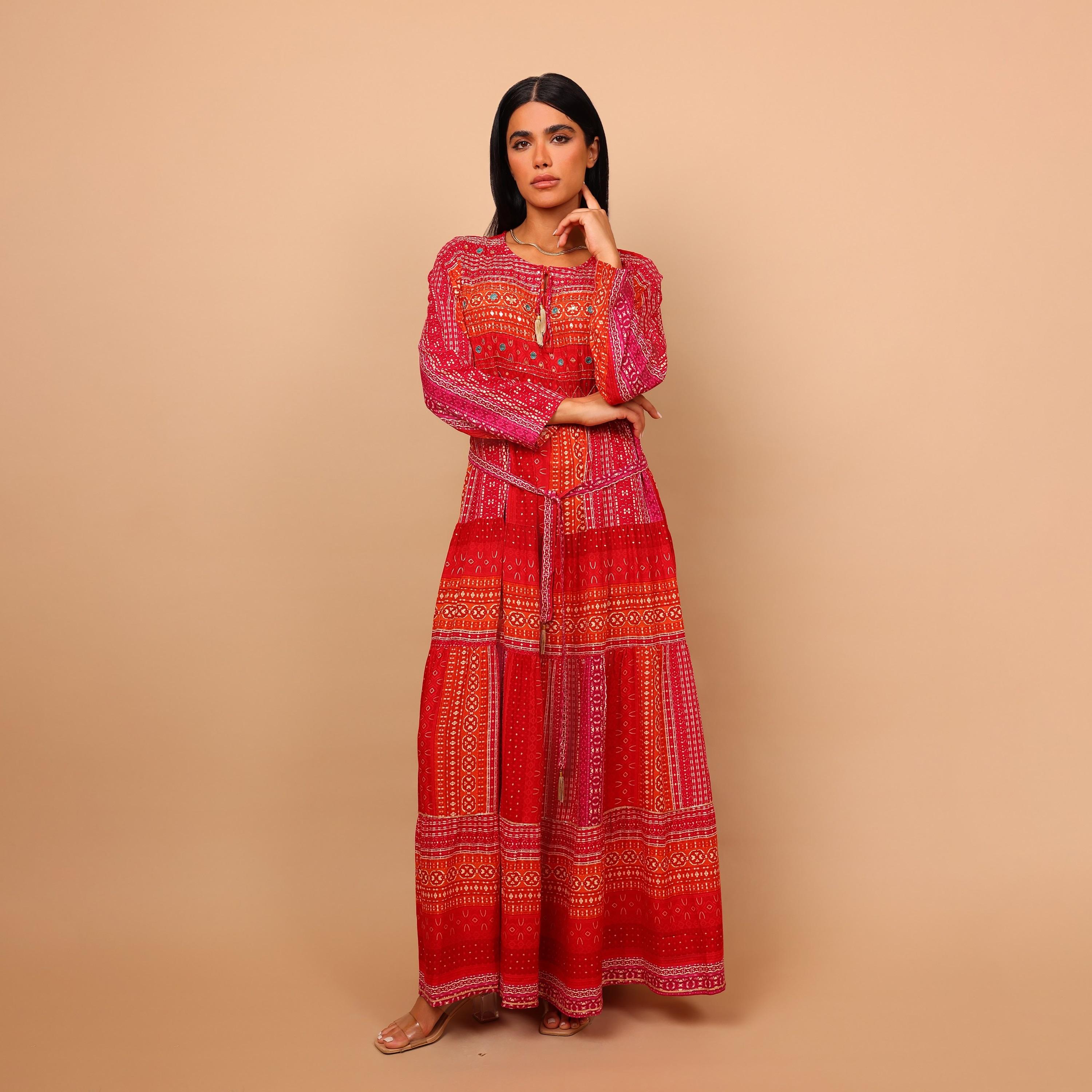 IKKXA Geometric Print Women's Tiered Jalabiya-women-arabicclothing-jalabiyas-image-2