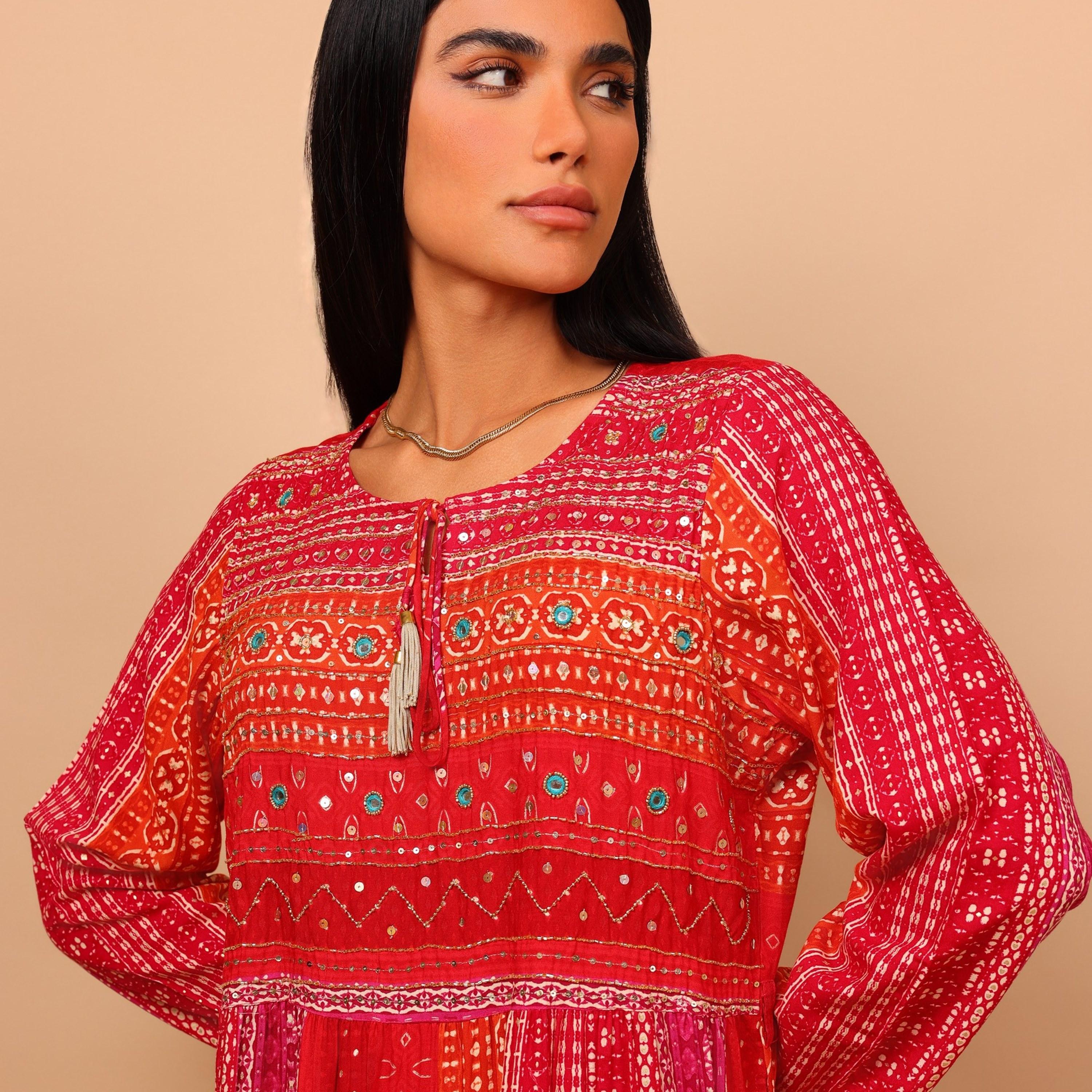 IKKXA Geometric Print Women's Tiered Jalabiya-women-arabicclothing-jalabiyas-image-3