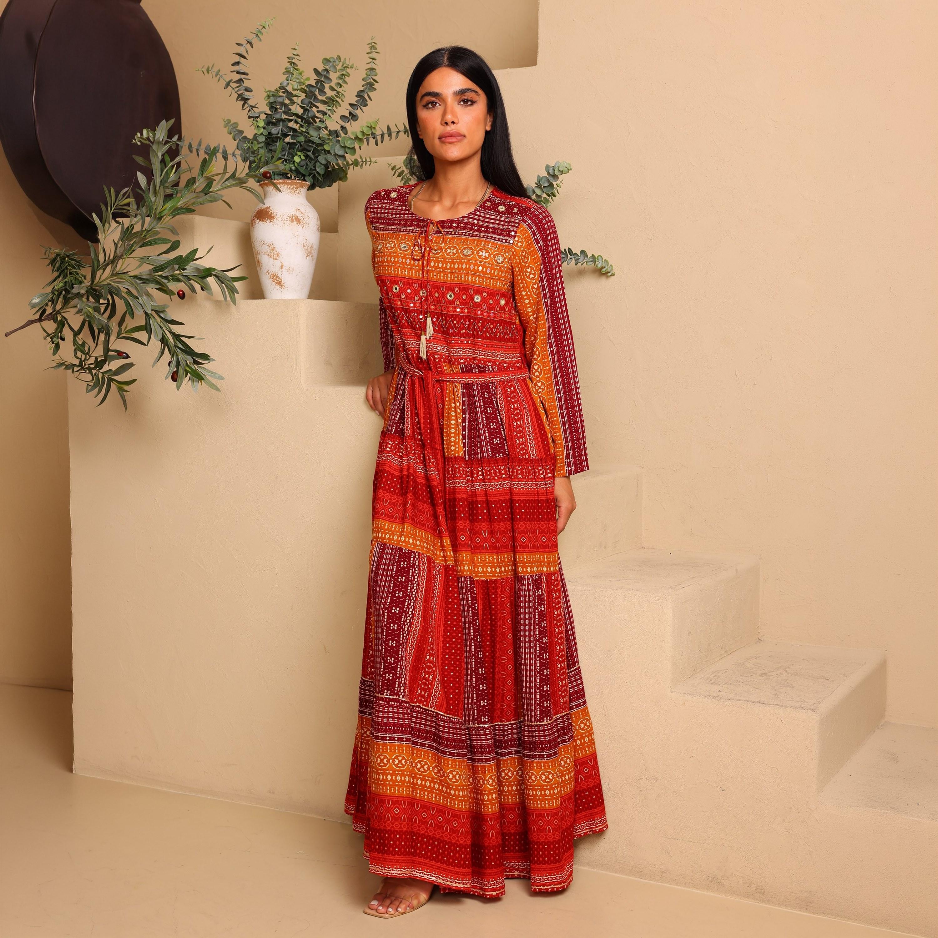 IKKXA Geometric Print Women's Tiered Jalabiya-women-arabicclothing-jalabiyas-image-1