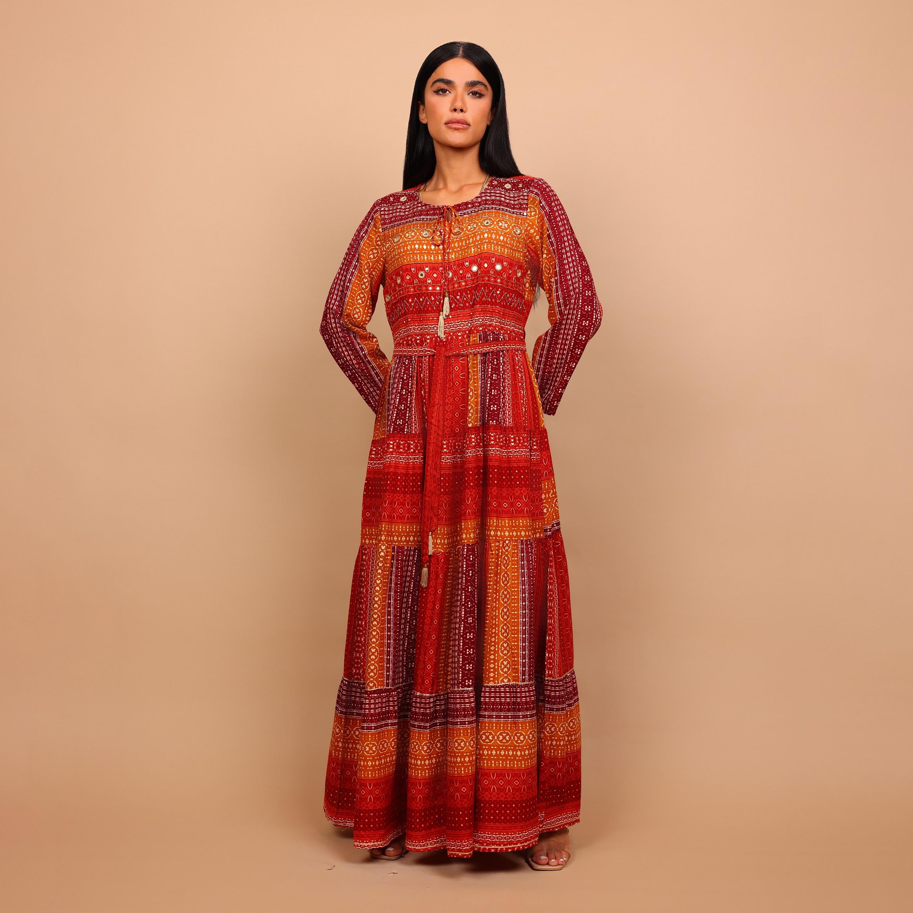 IKKXA Geometric Print Women's Tiered Jalabiya-women-arabicclothing-jalabiyas-image-2