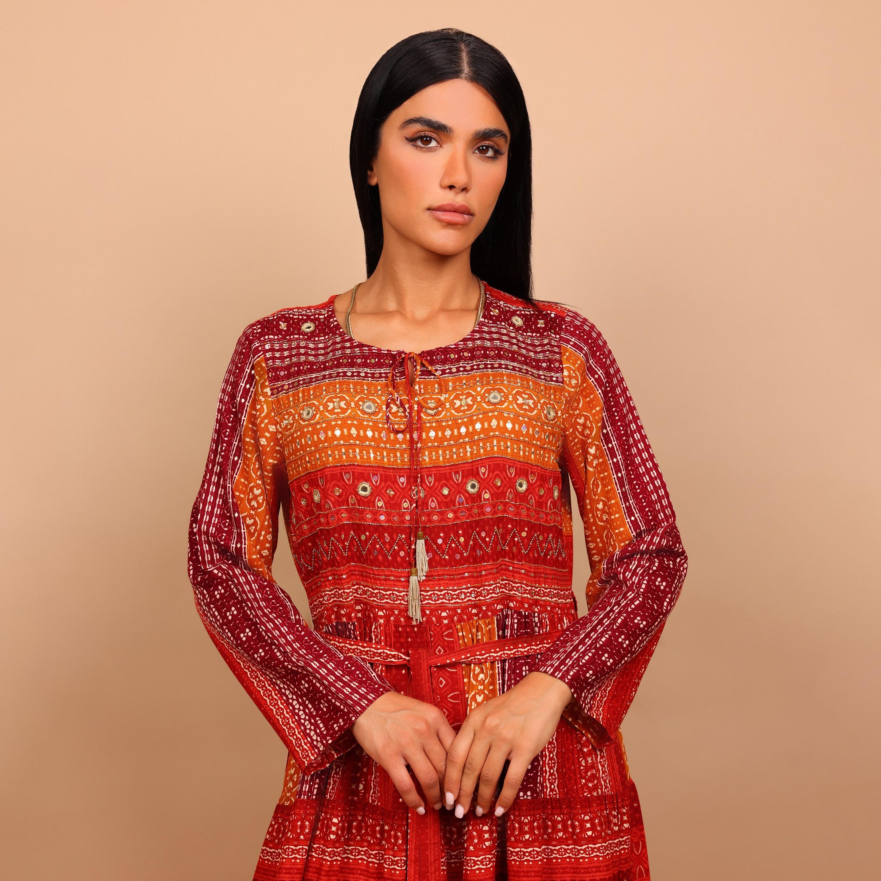IKKXA Geometric Print Women's Tiered Jalabiya-women-arabicclothing-jalabiyas-image-3