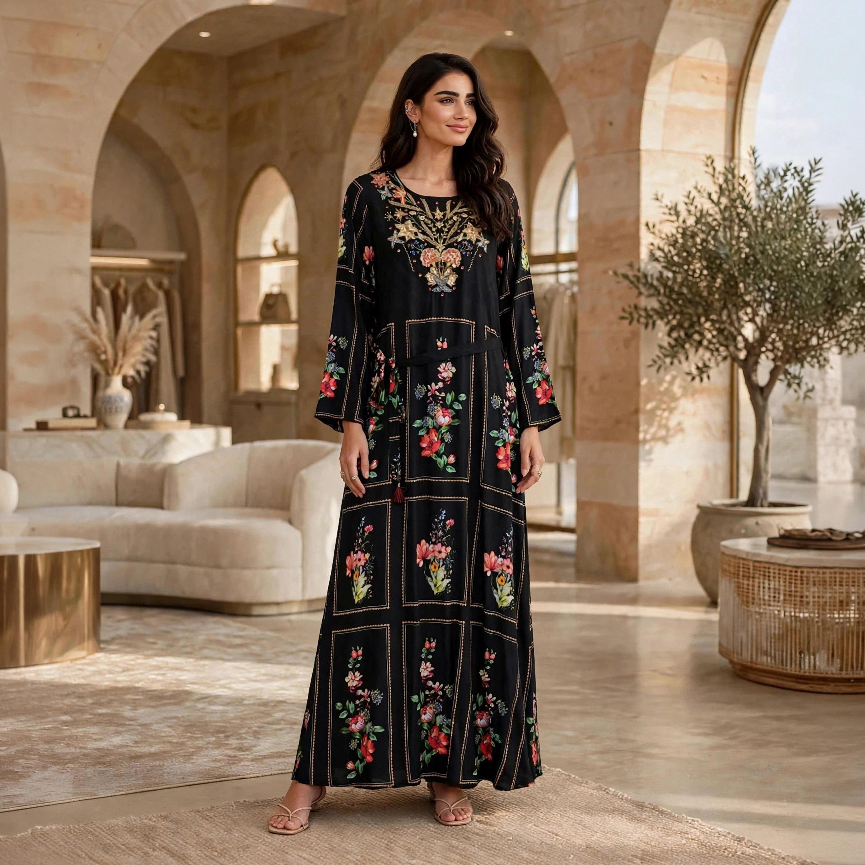 IKKXA Black Floral Embroidered Yoke Women's Jalabiya with Belt-women-arabicclothing-jalabiyas-image-1