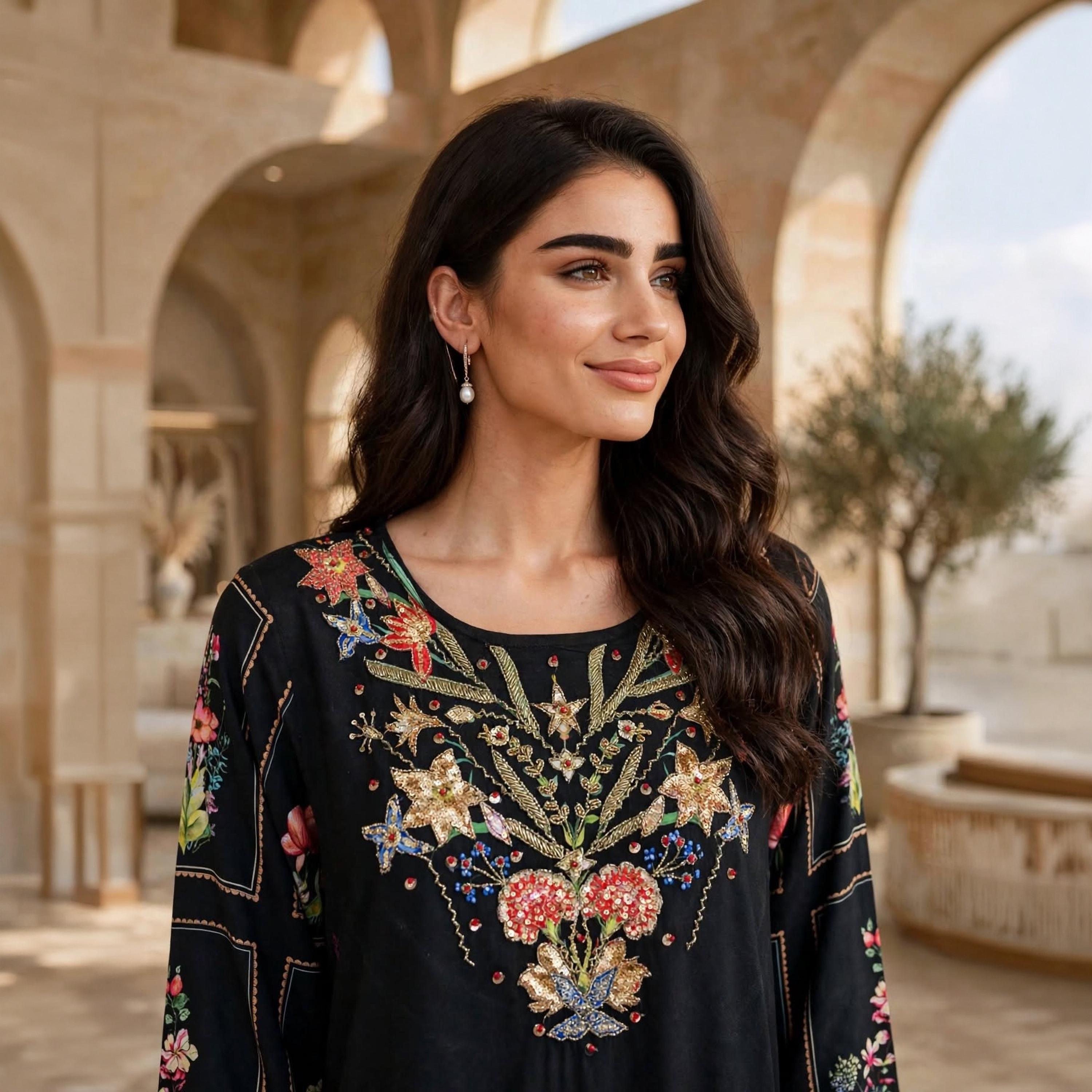 IKKXA Black Floral Embroidered Yoke Women's Jalabiya with Belt-women-arabicclothing-jalabiyas-image-2