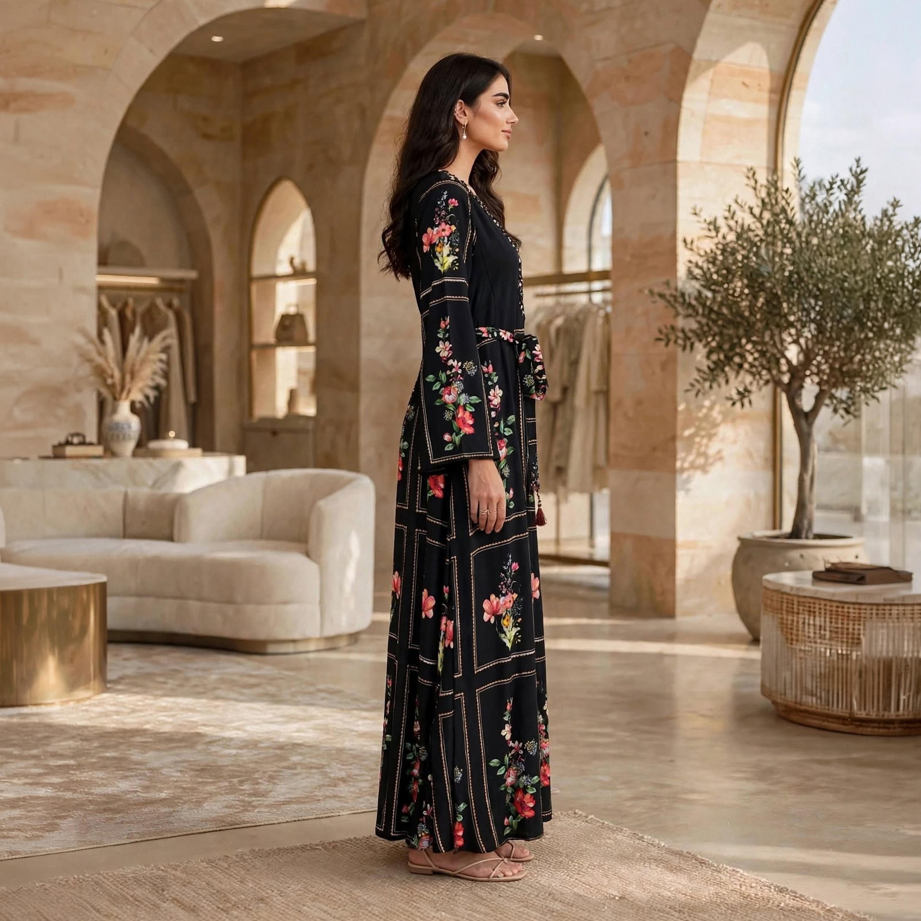 جلابية حريمي سوداء بتطريز زهور على الكتف مع حزام من إيكسا-women-arabicclothing-jalabiyas-image-3