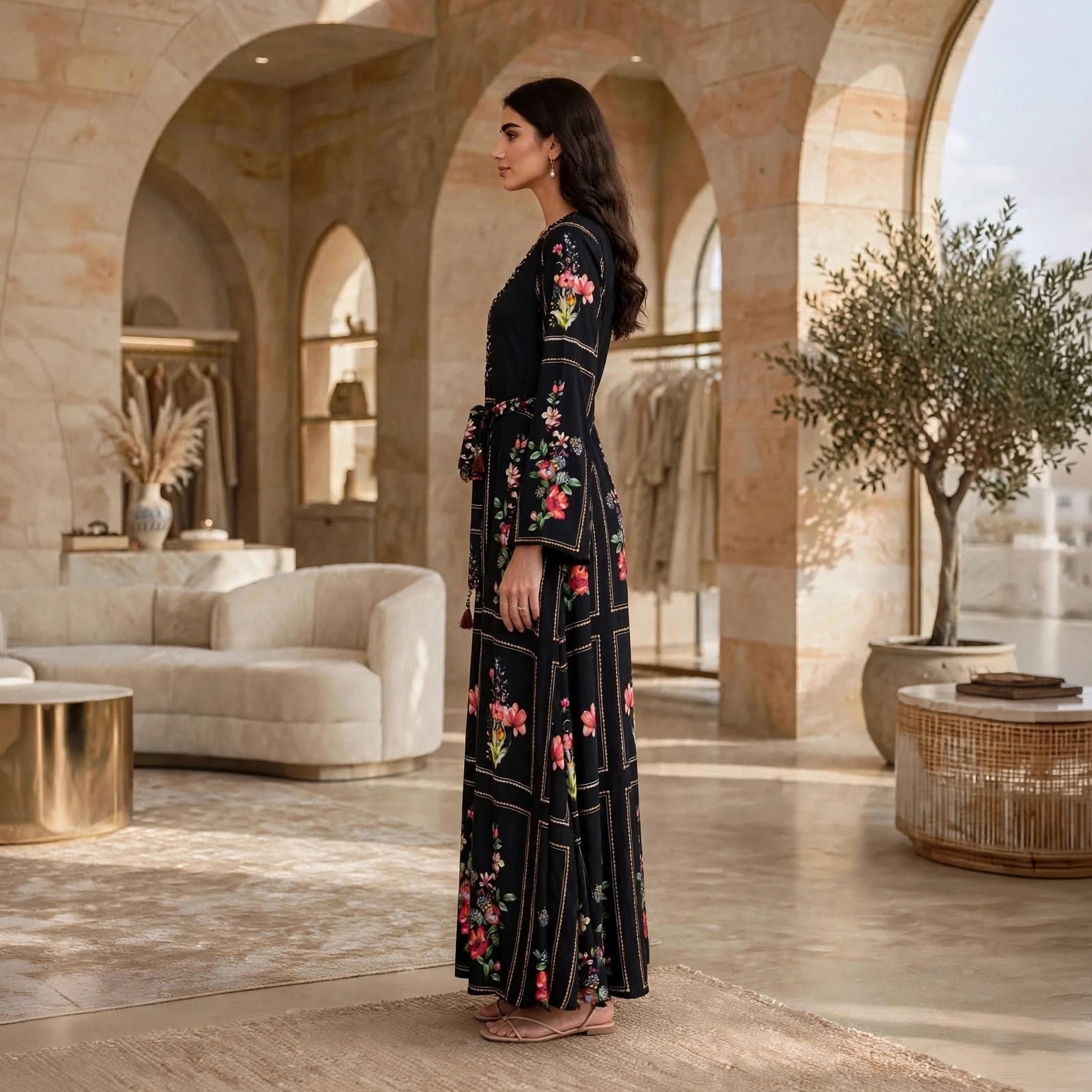 جلابية حريمي سوداء بتطريز زهور على الكتف مع حزام من إيكسا-women-arabicclothing-jalabiyas-image-4