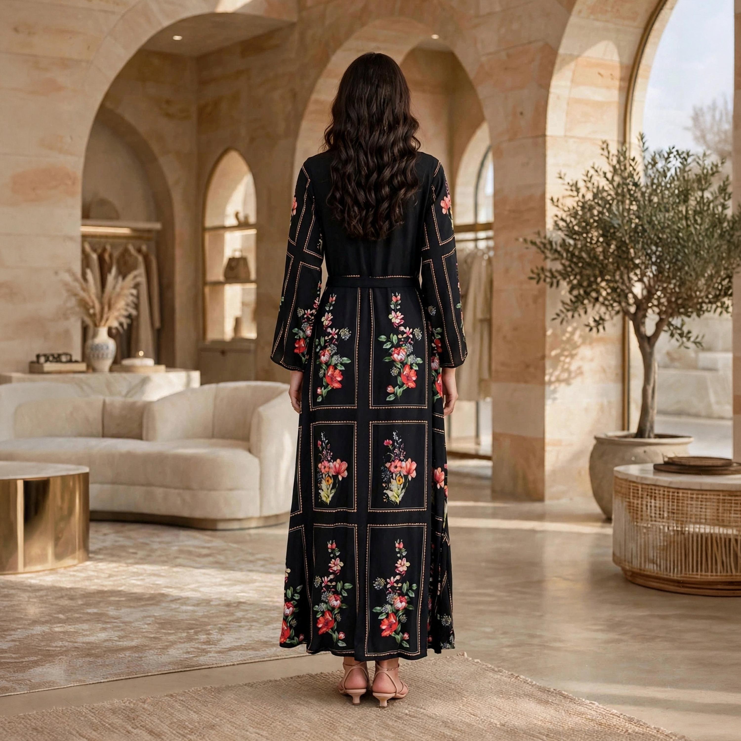 جلابية حريمي سوداء بتطريز زهور على الكتف مع حزام من إيكسا-women-arabicclothing-jalabiyas-image-5