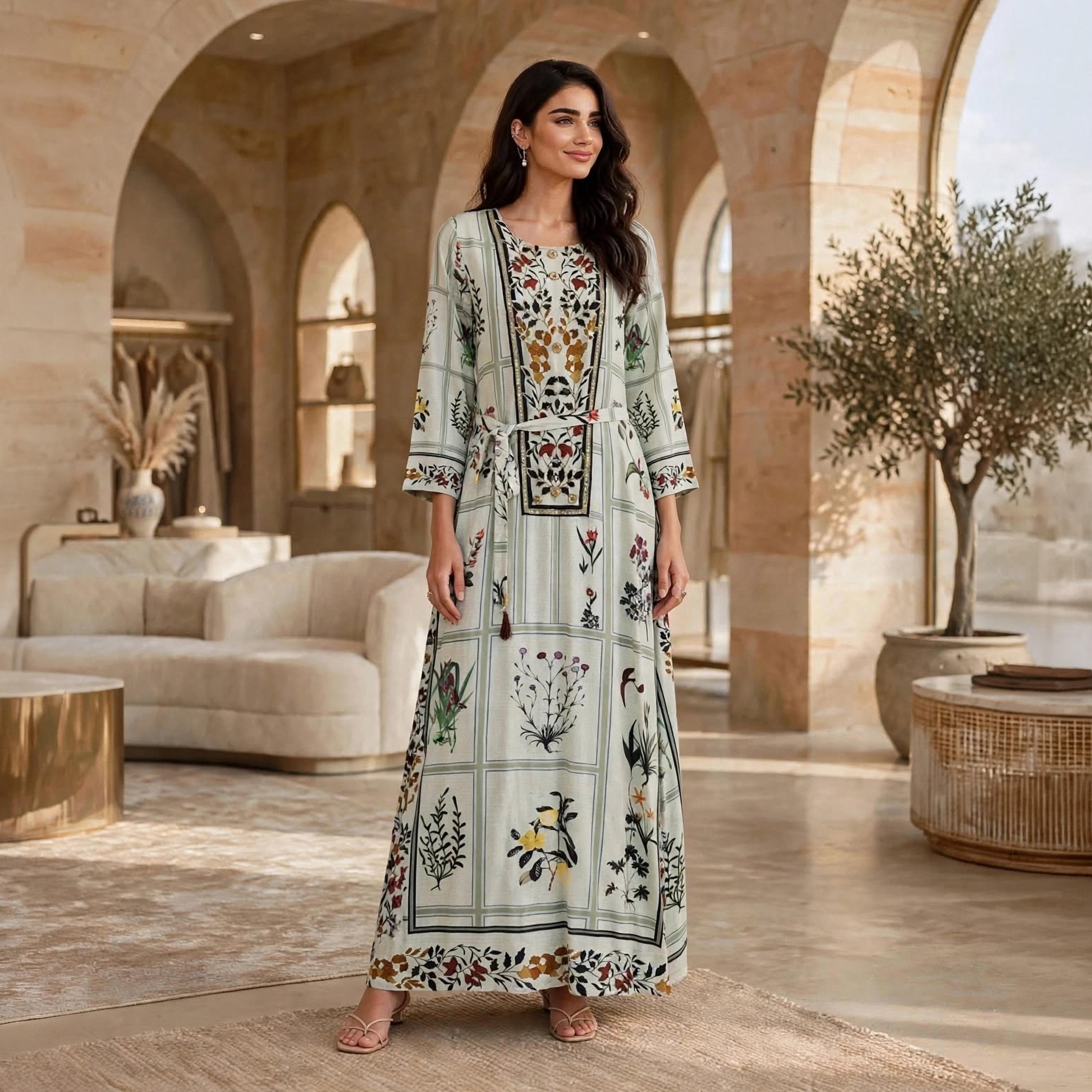 IKKXA Green Floral Panel Women's Jalabiya with Belt-women-arabicclothing-jalabiyas-image-1