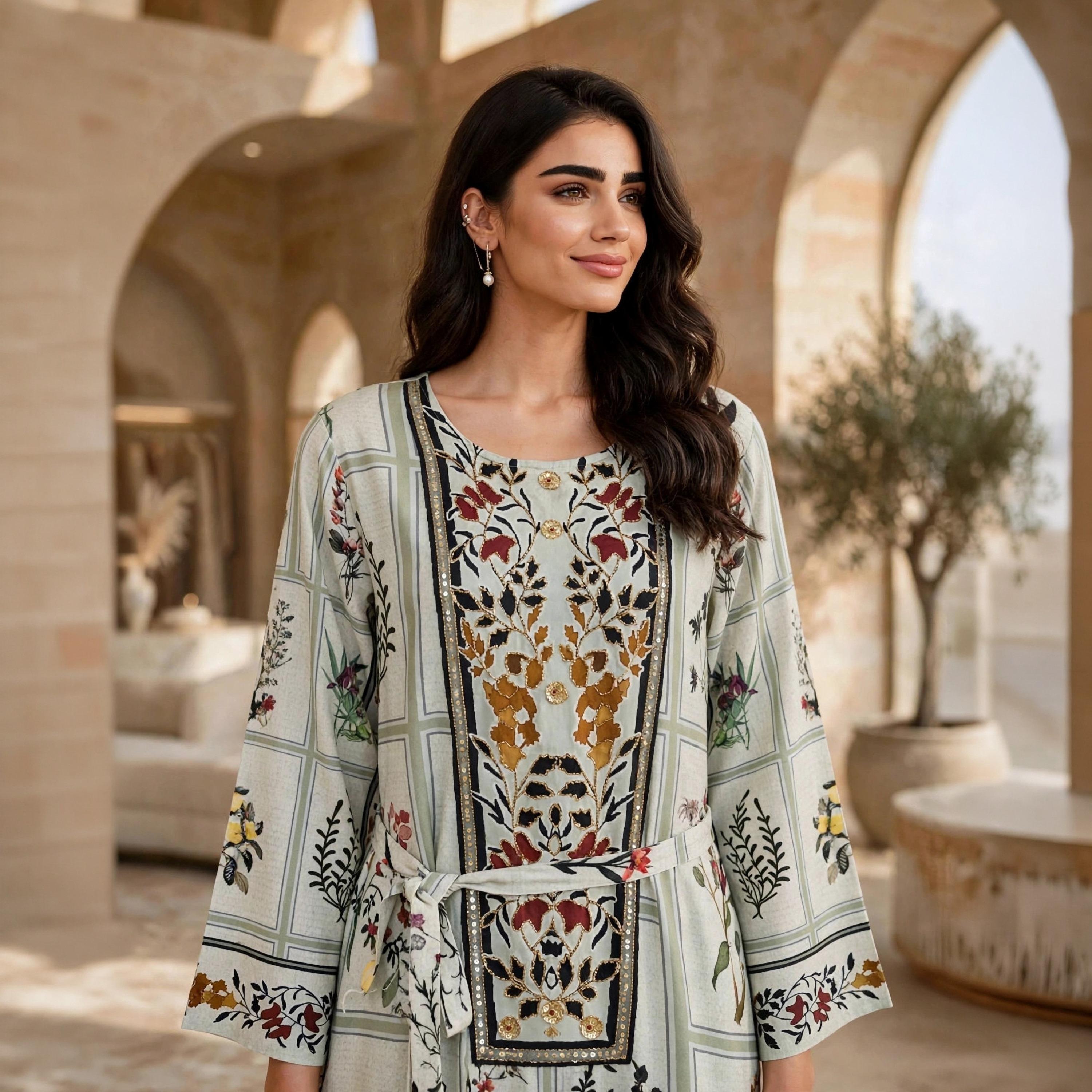 IKKXA Green Floral Panel Women's Jalabiya with Belt-women-arabicclothing-jalabiyas-image-2