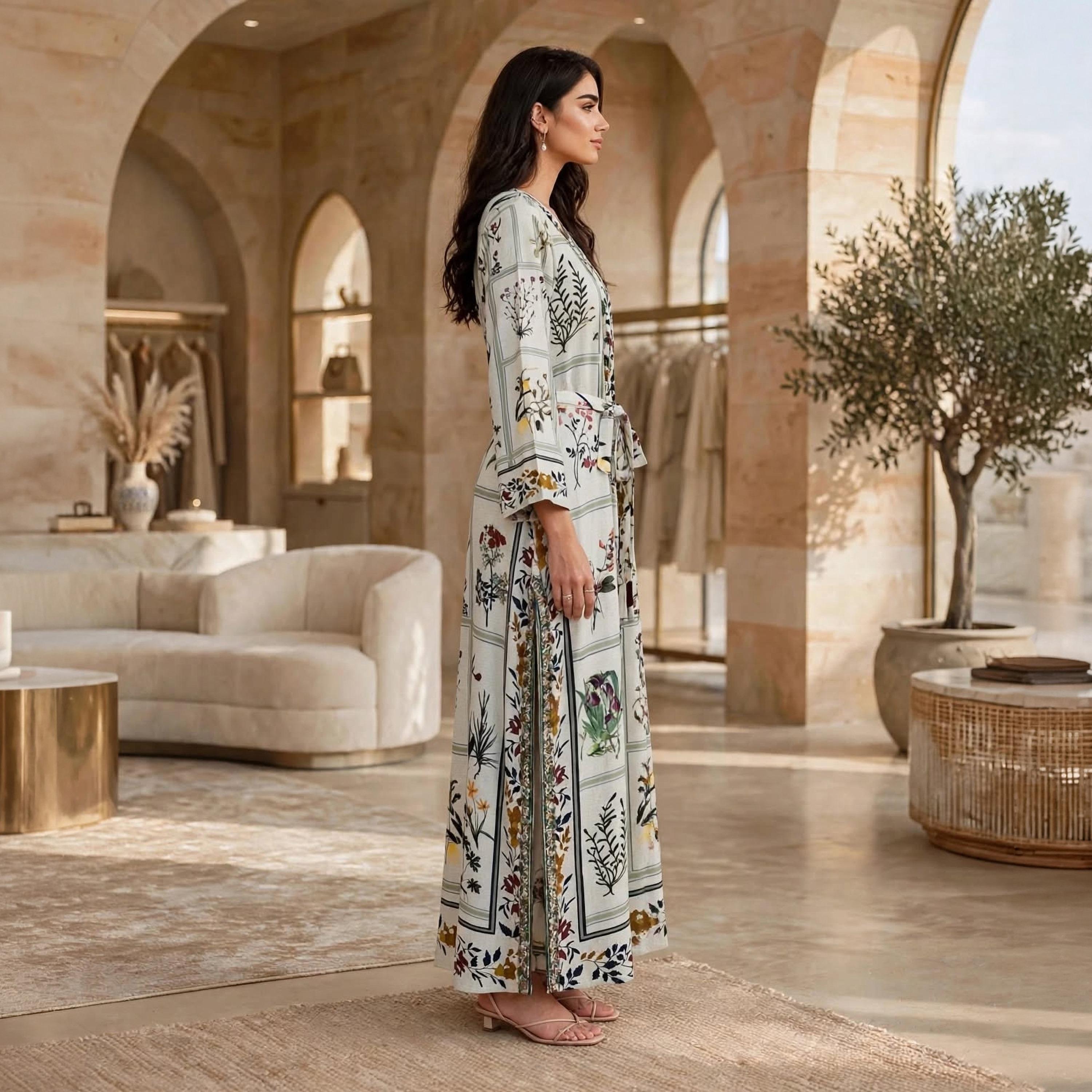 IKKXA Green Floral Panel Women's Jalabiya with Belt-women-arabicclothing-jalabiyas-image-3