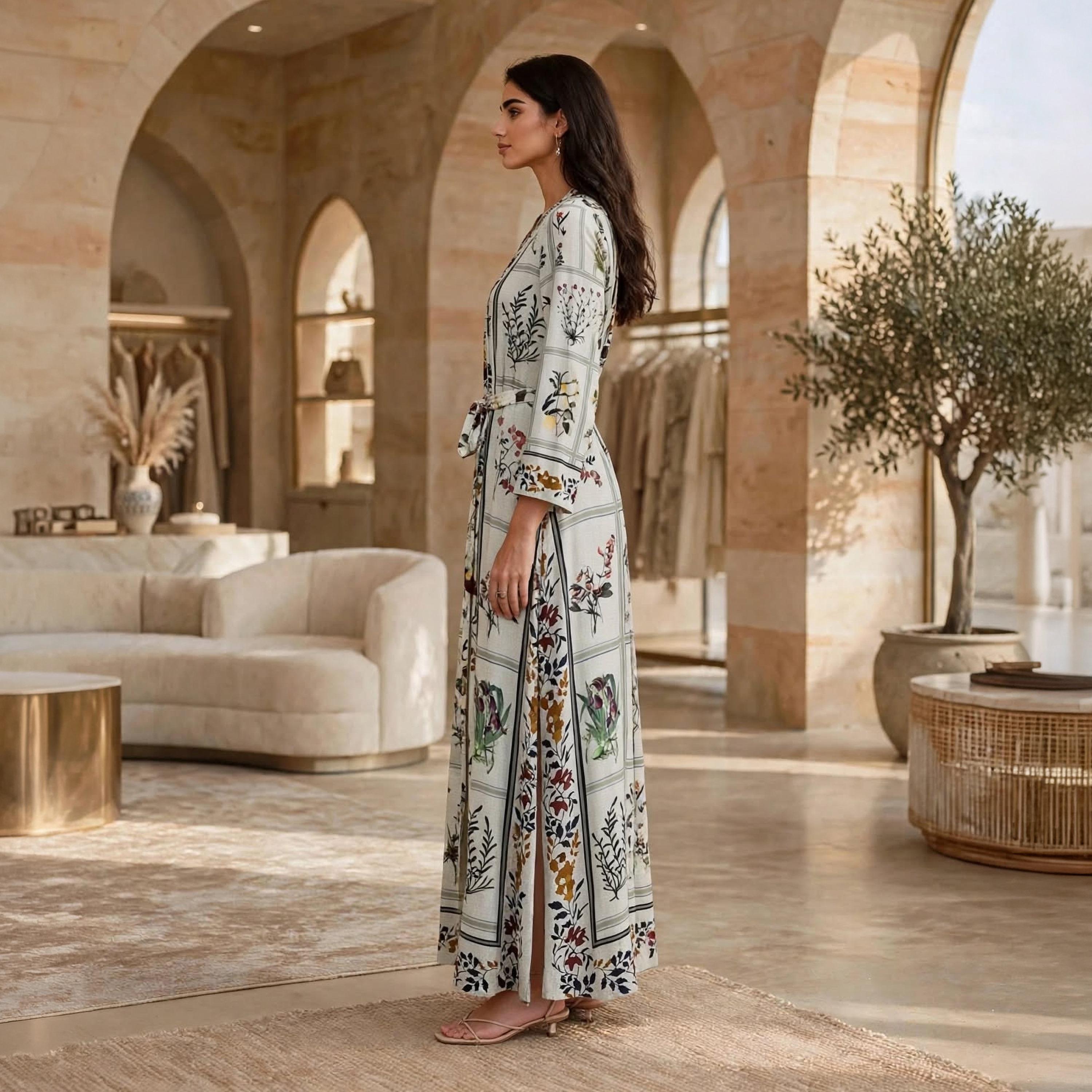 IKKXA Green Floral Panel Women's Jalabiya with Belt-women-arabicclothing-jalabiyas-image-4