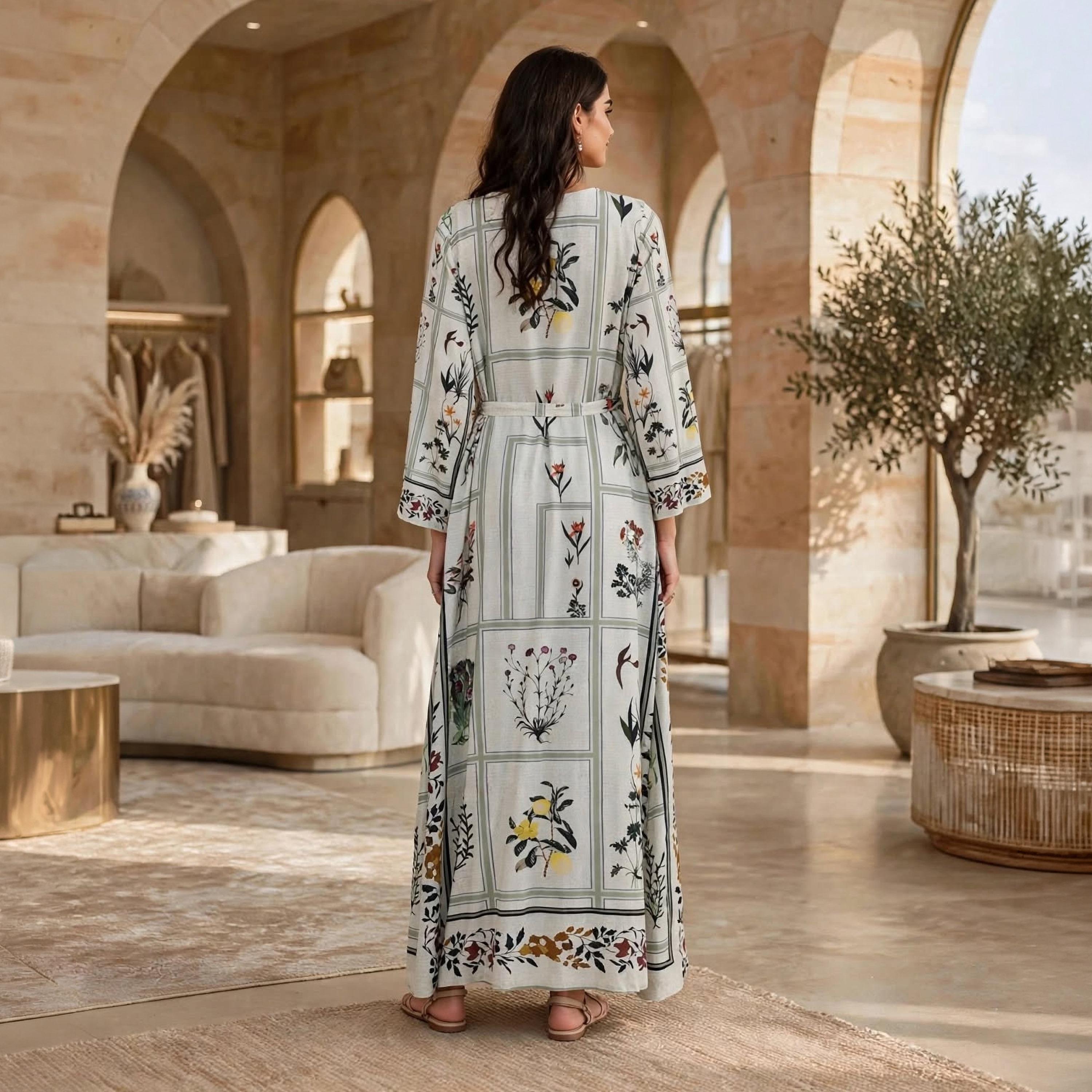 IKKXA Green Floral Panel Women's Jalabiya with Belt-women-arabicclothing-jalabiyas-image-5