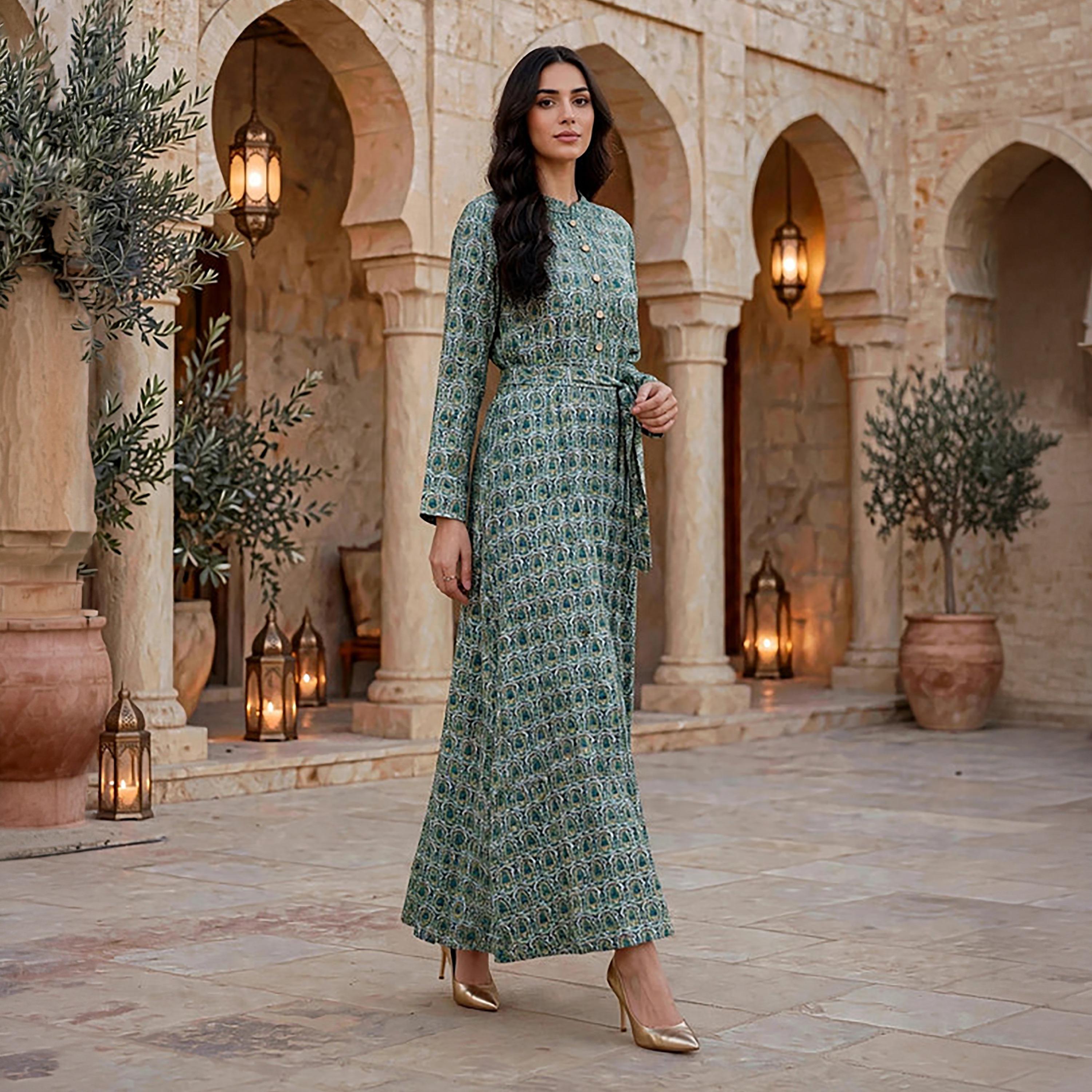 جلابية حريمي مع حزام وطبعة بيزلي بالكامل من إككسا-women-arabicclothing-jalabiyas-image-1