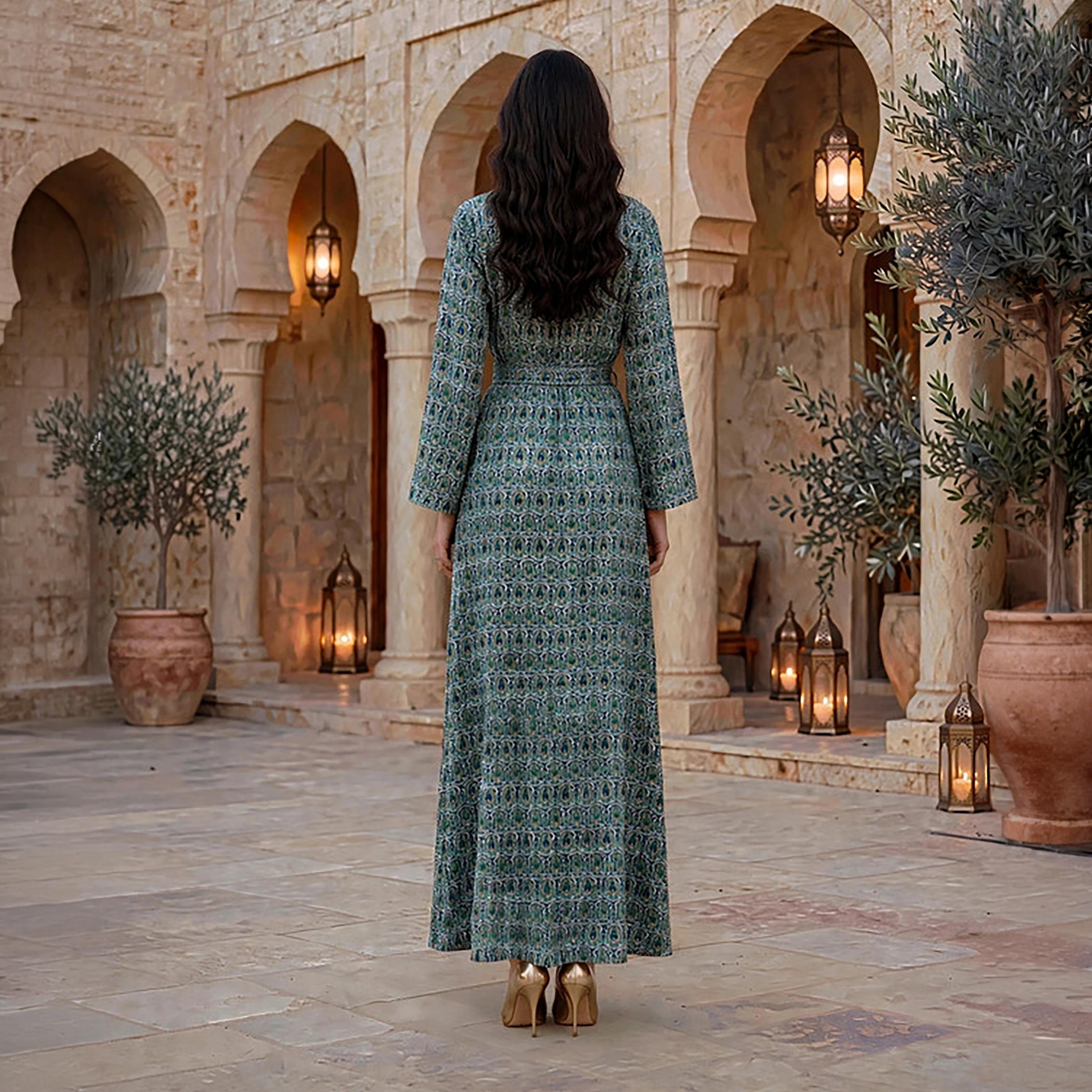 IKKXA All-Over Paisley Print Women's Belted Jalabiya-women-arabicclothing-jalabiyas-image-5