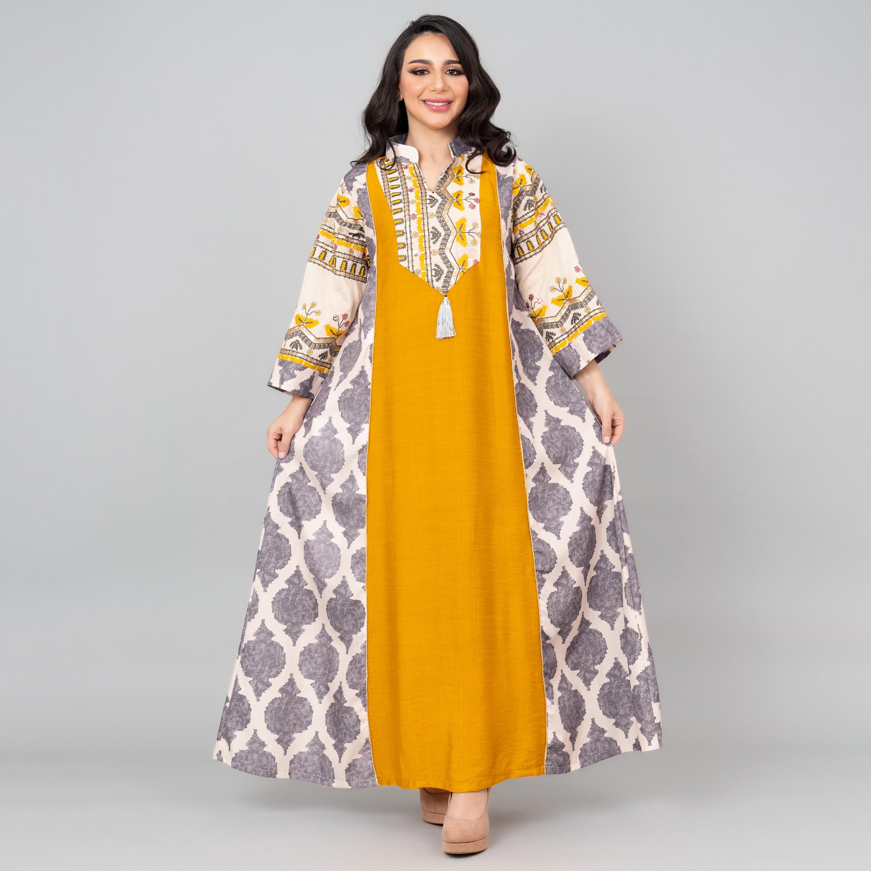 IKKXA Mandarin Collar Printed and Embroidered Women's Jalabiya-women-arabicclothing-jalabiyas-image-1