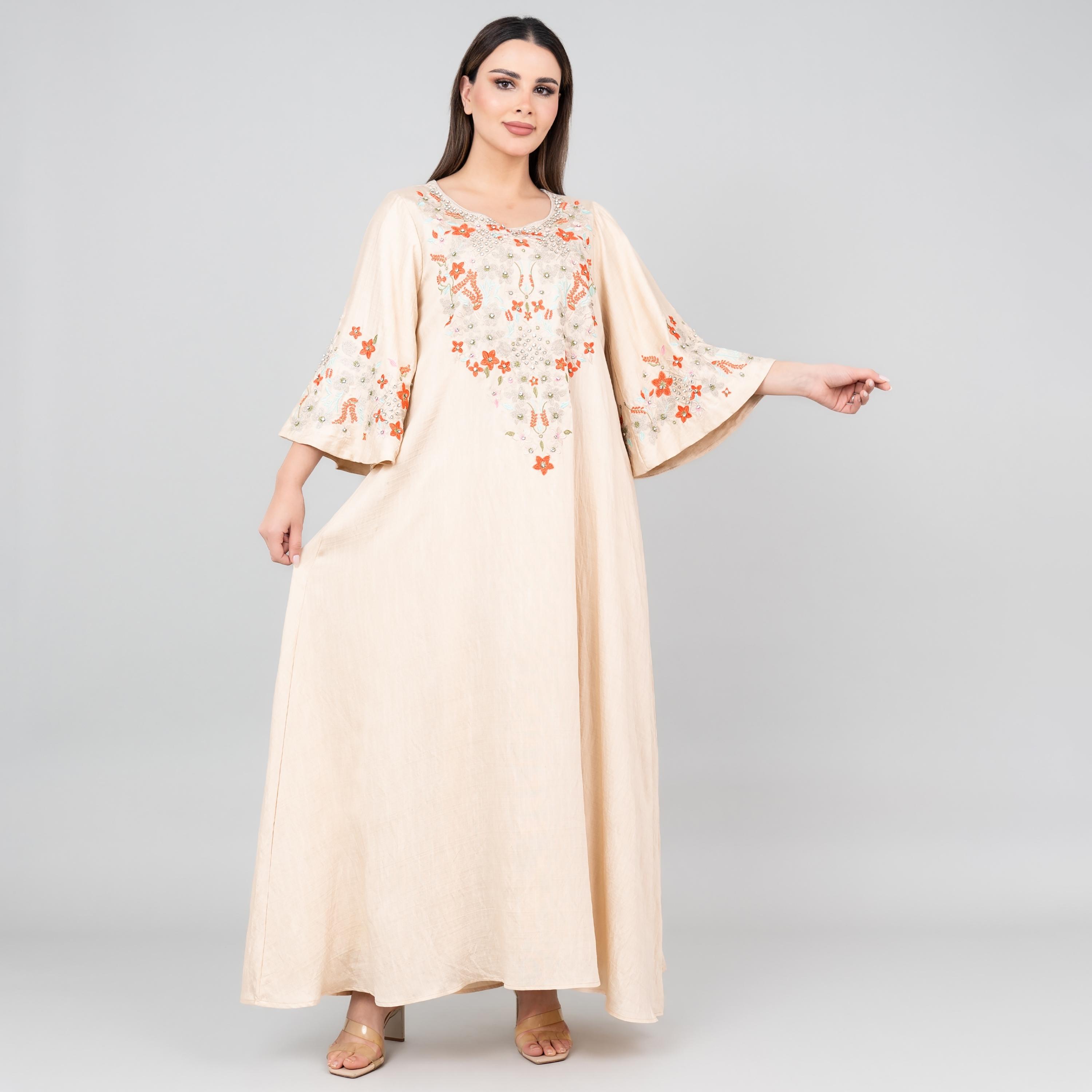 جلابية نسائية مطرزة بنقشة الزهور بأكمام واسعة من إككسا-women-arabicclothing-jalabiyas-image-1