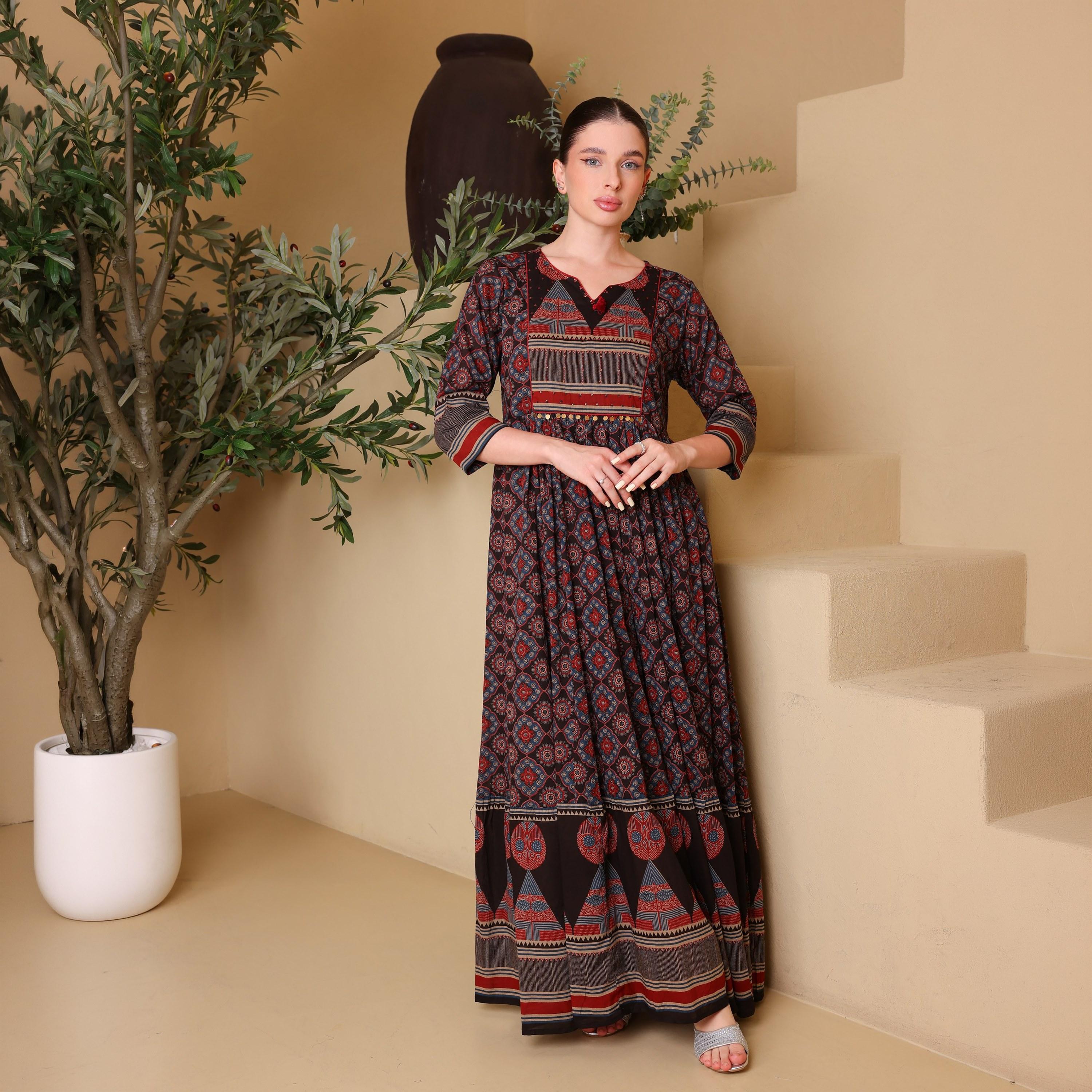 IKKXA Geometric Print Women's Fit and Flared Jalabiya-women-arabicclothing-jalabiyas-image-1