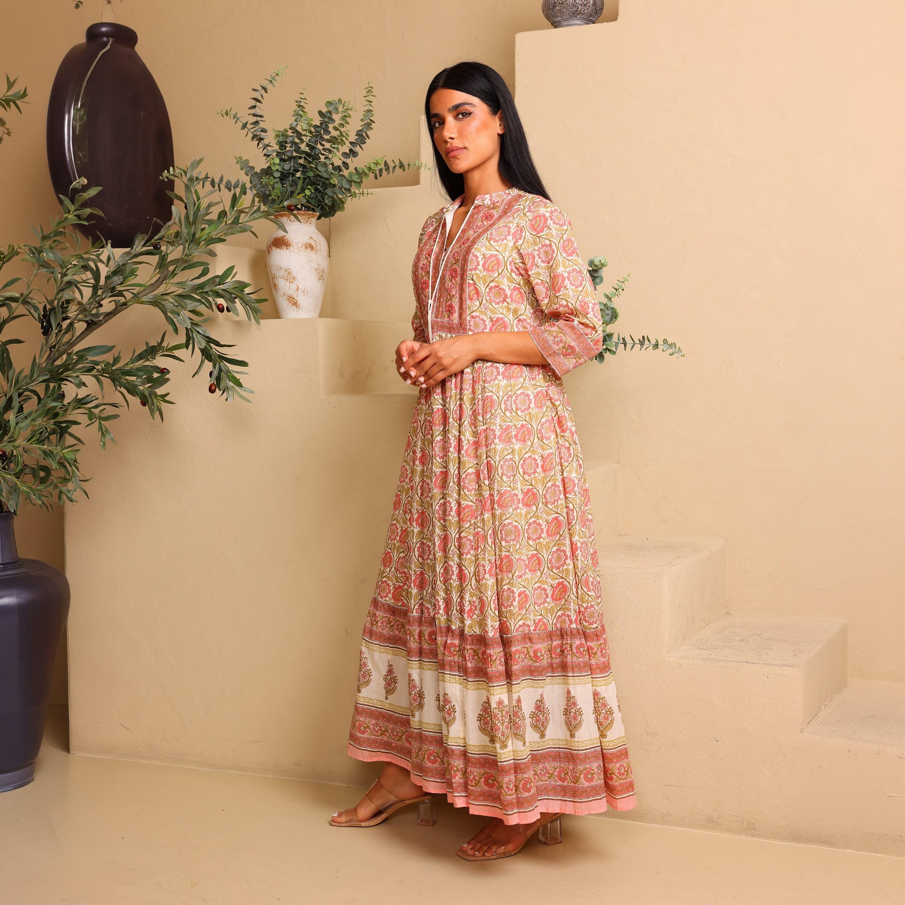 IKKXA Floral Print Mandarin Collar Women's Fit and Flared Jalabiya-women-arabicclothing-jalabiyas-image-1