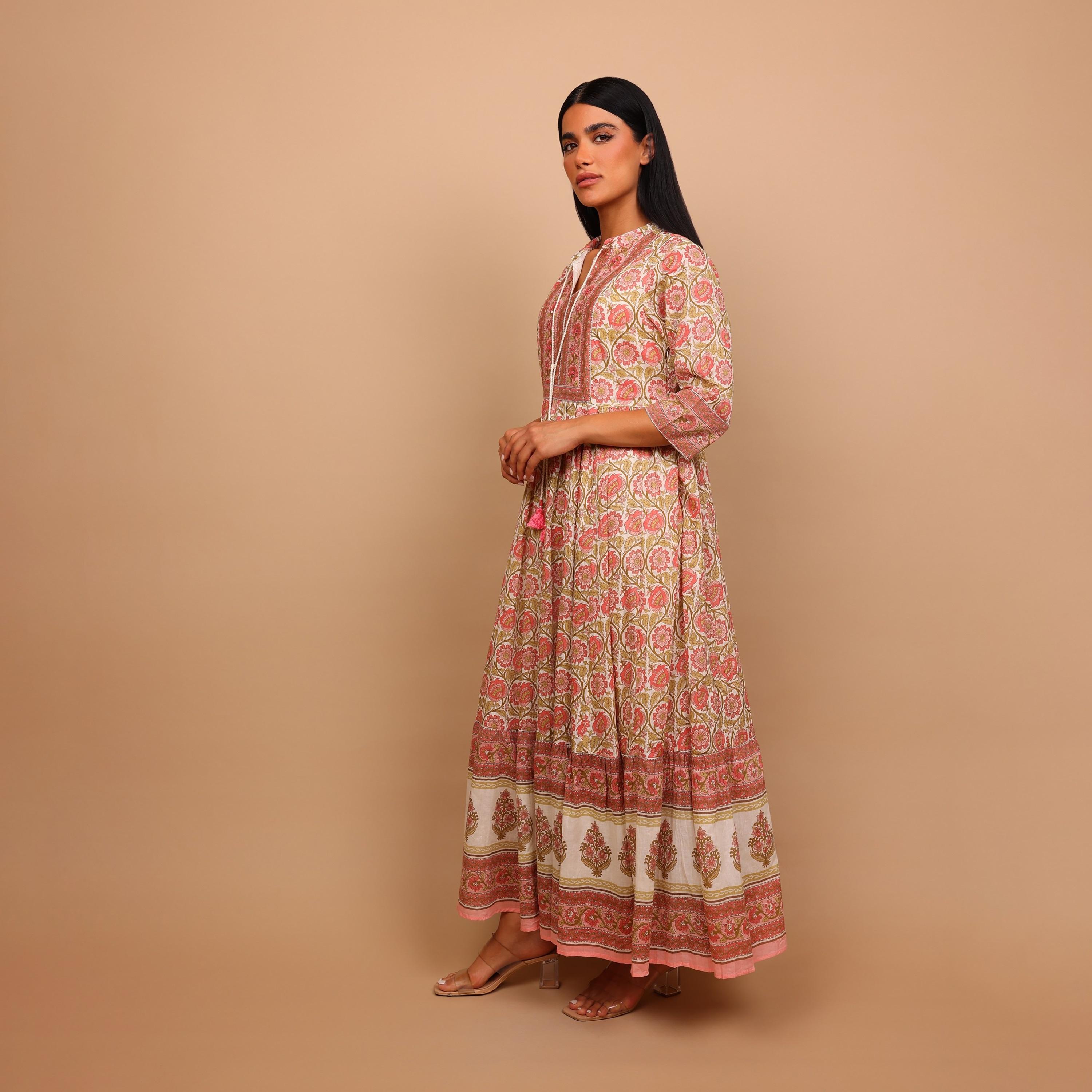 IKKXA Floral Print Mandarin Collar Women's Fit and Flared Jalabiya-women-arabicclothing-jalabiyas-image-2