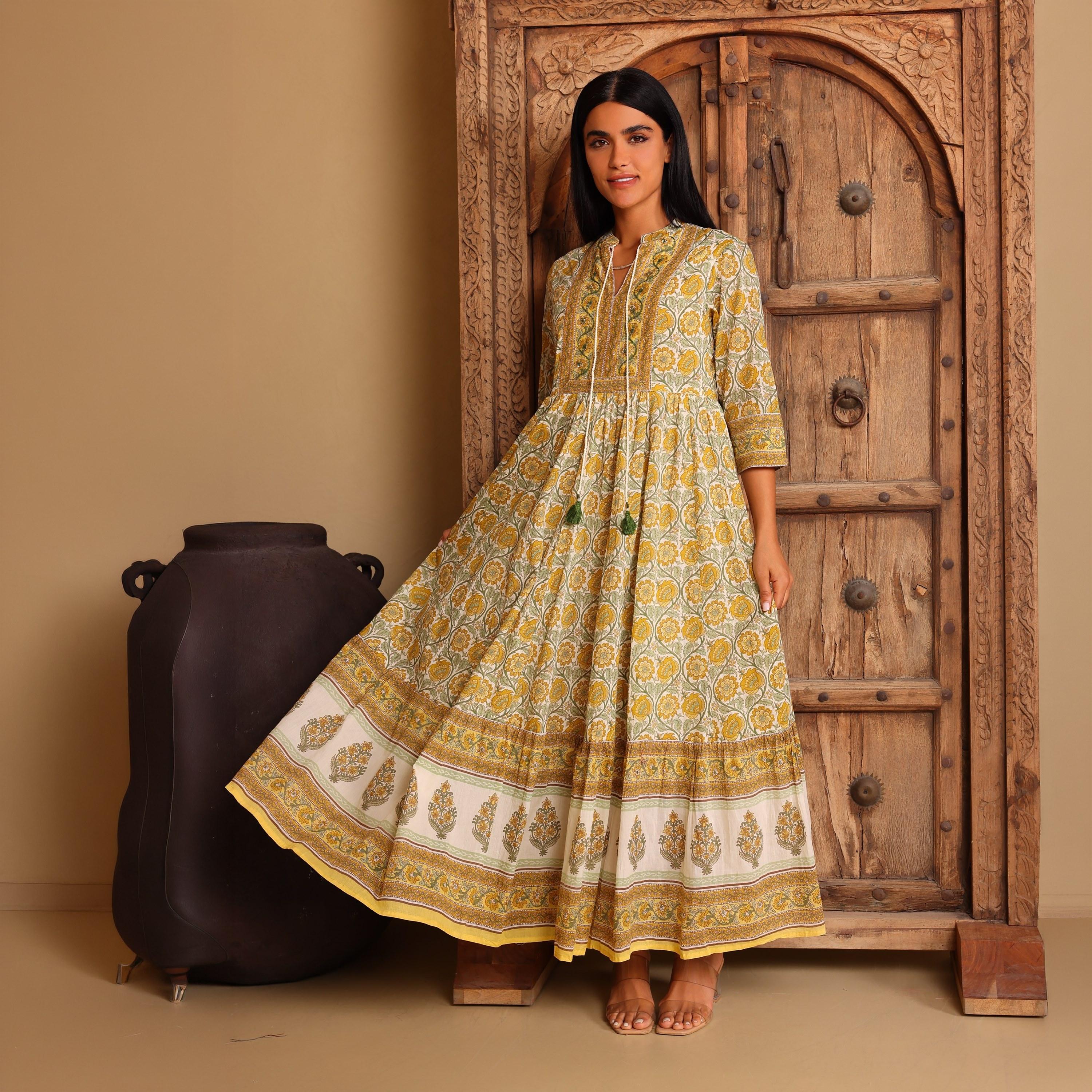 IKKXA Floral Print Mandarin Collar Women's Fit and Flared Jalabiya-women-arabicclothing-jalabiyas-image-1