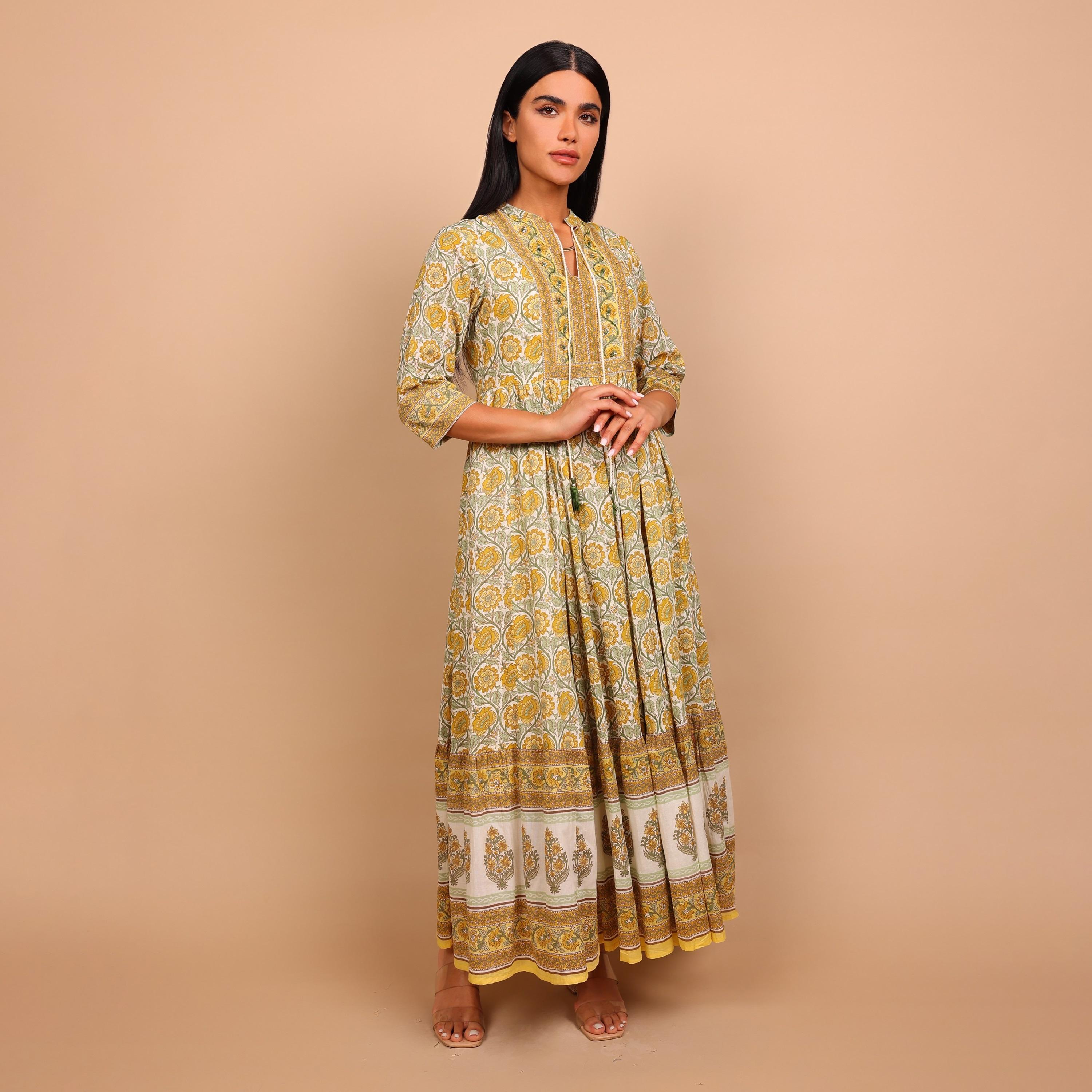 IKKXA Floral Print Mandarin Collar Women's Fit and Flared Jalabiya-women-arabicclothing-jalabiyas-image-2