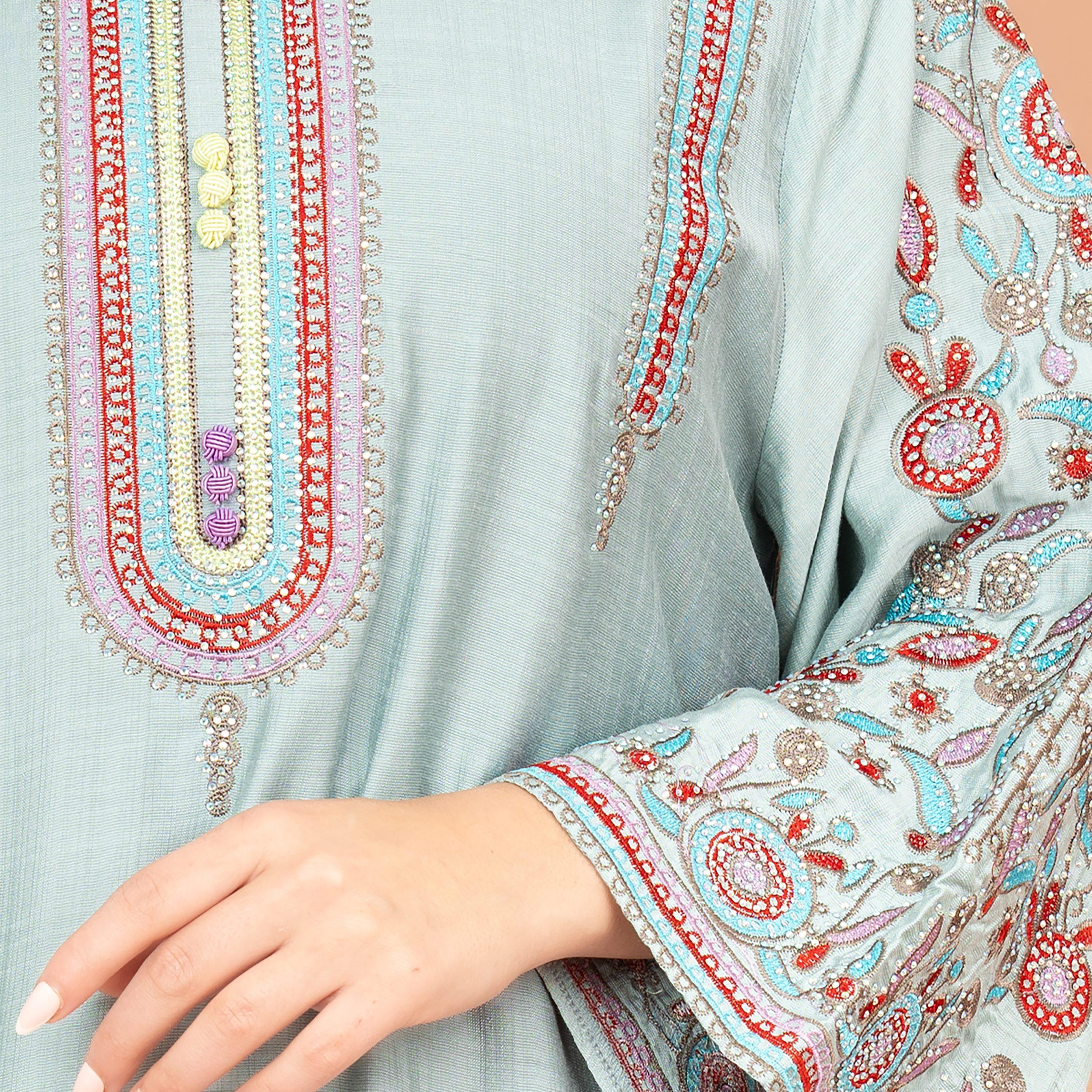 IKKXA Flared Sleeves Crystal and Hand Embroidered Women's Jalabiya-women-arabicclothing-jalabiyas-image-2
