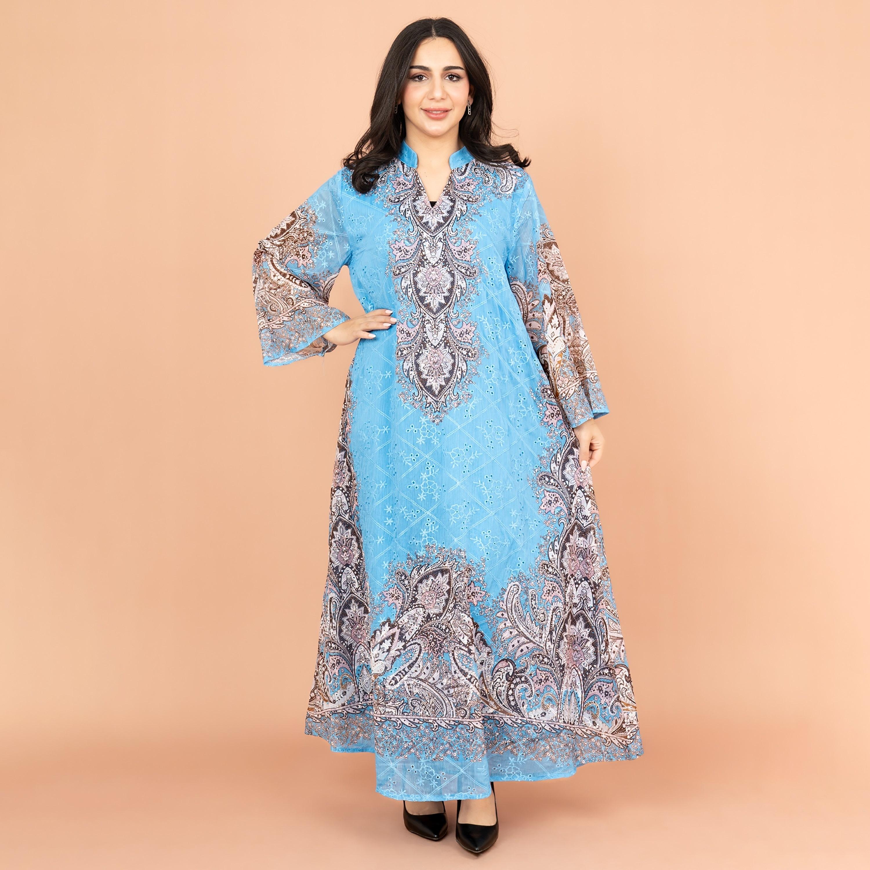 جلابية نسائية مطبوعة ومطرزة بأكمام واسعة من إككسا-women-arabicclothing-jalabiyas-image-1