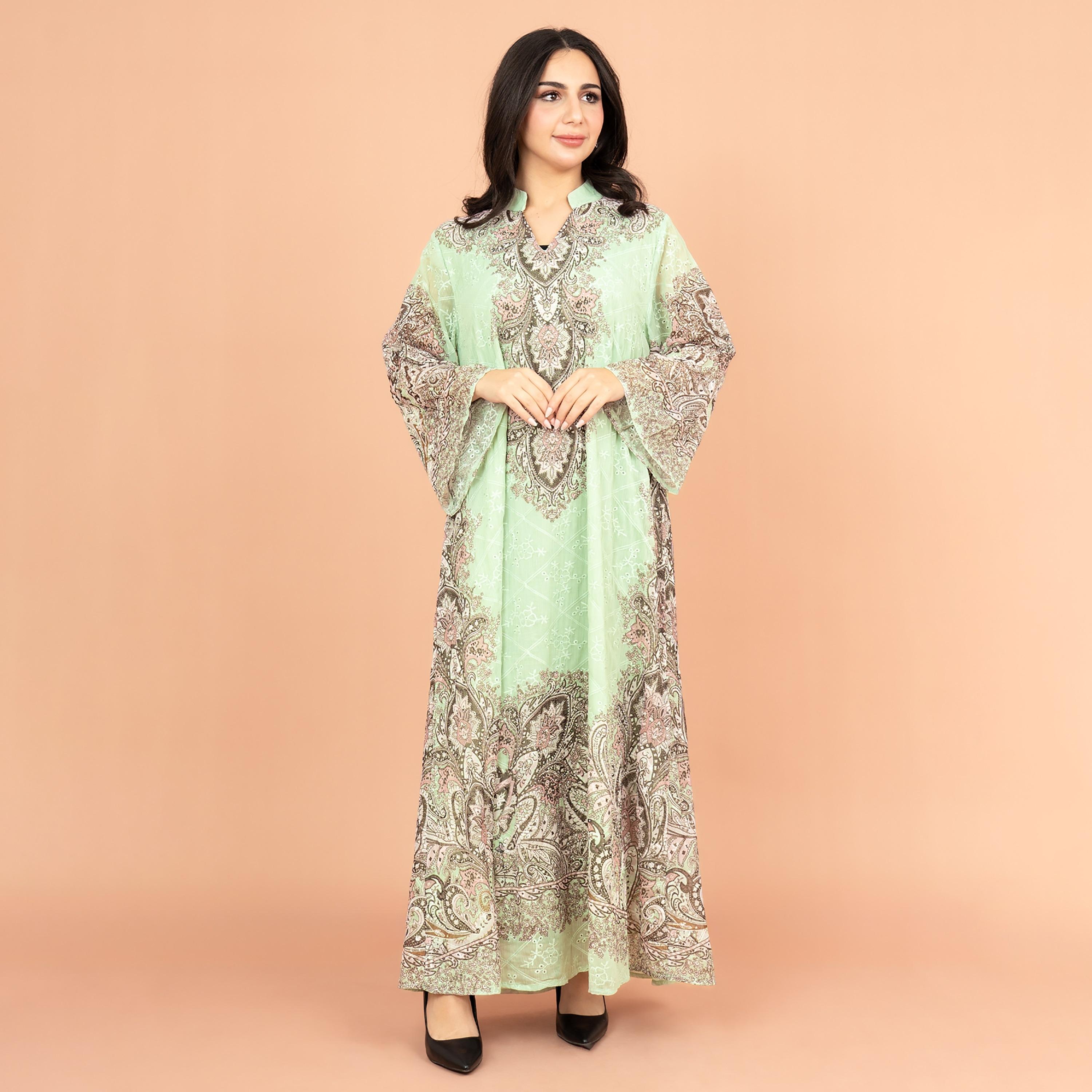 IKKXA Flared Sleeves Printed and Embroidered Women's Jalabiya-women-arabicclothing-jalabiyas-image-1