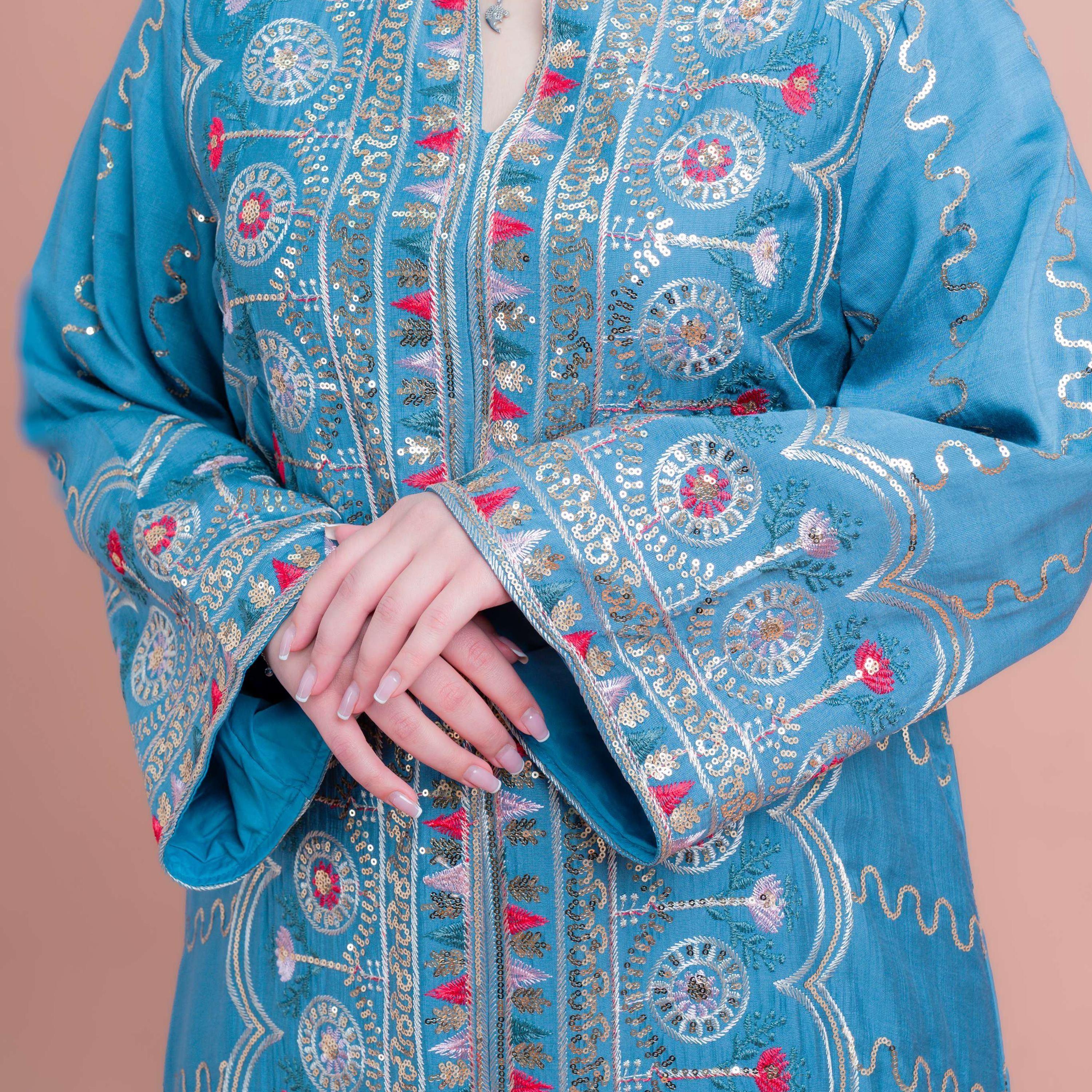 IKKXA Embroidered & Sequined Mandarin Neck Wide Sleeves Women's Evening Jalabiya-women-arabicclothing-jalabiyas-image-2