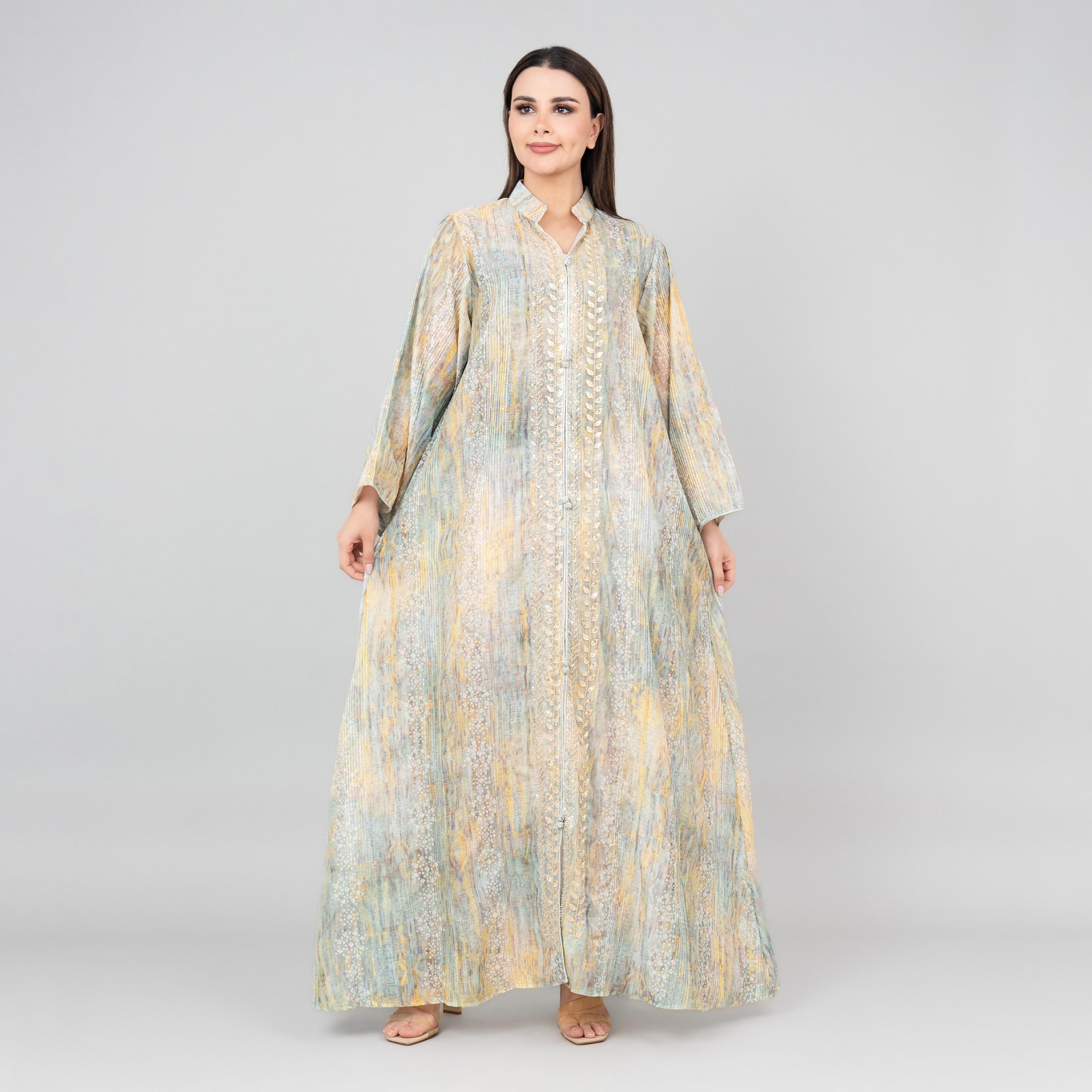 جلابية بأكمام واسعة وياقة ماندرين ومزينة بالخرز للنساء من اي كيه كيه اكس ايه-women-arabicclothing-jalabiyas-image-1