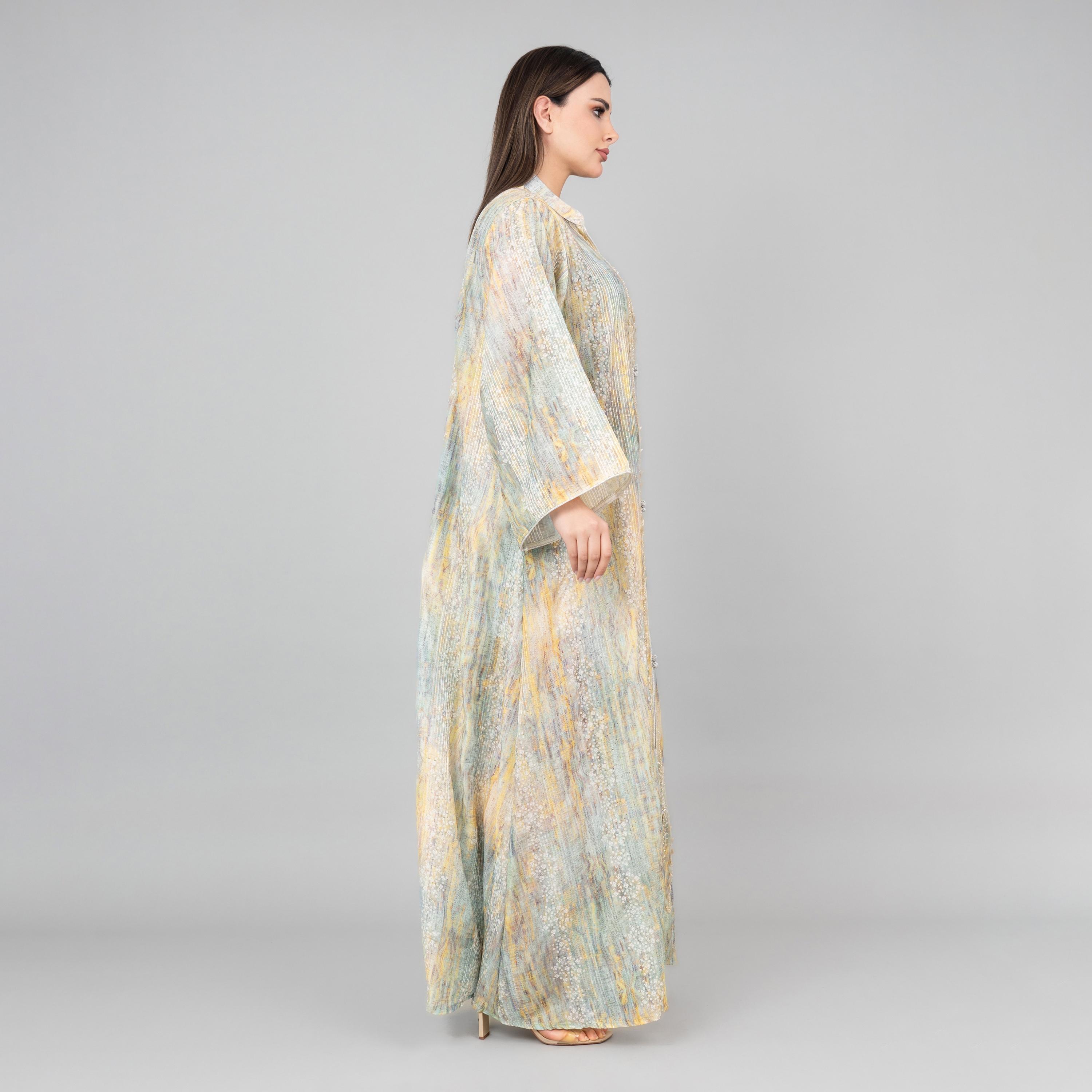 جلابية بأكمام واسعة وياقة ماندرين ومزينة بالخرز للنساء من اي كيه كيه اكس ايه-women-arabicclothing-jalabiyas-image-3