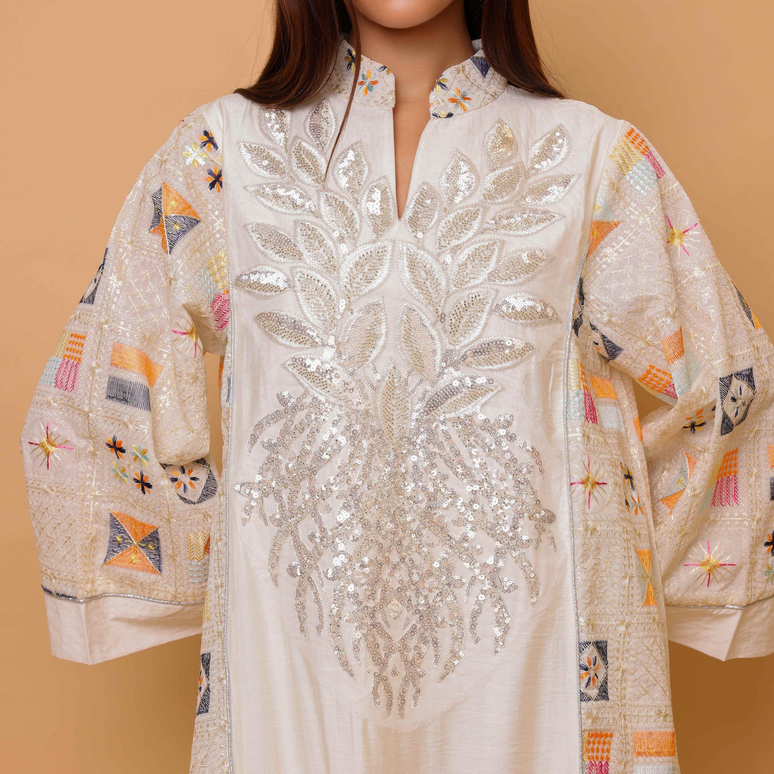 جلابية سهرة نسائية مطرزة ومزينة بالترتر بياقة ماندارين وأكمام واسعة من إيككسا-women-clothing-dresses-image-2