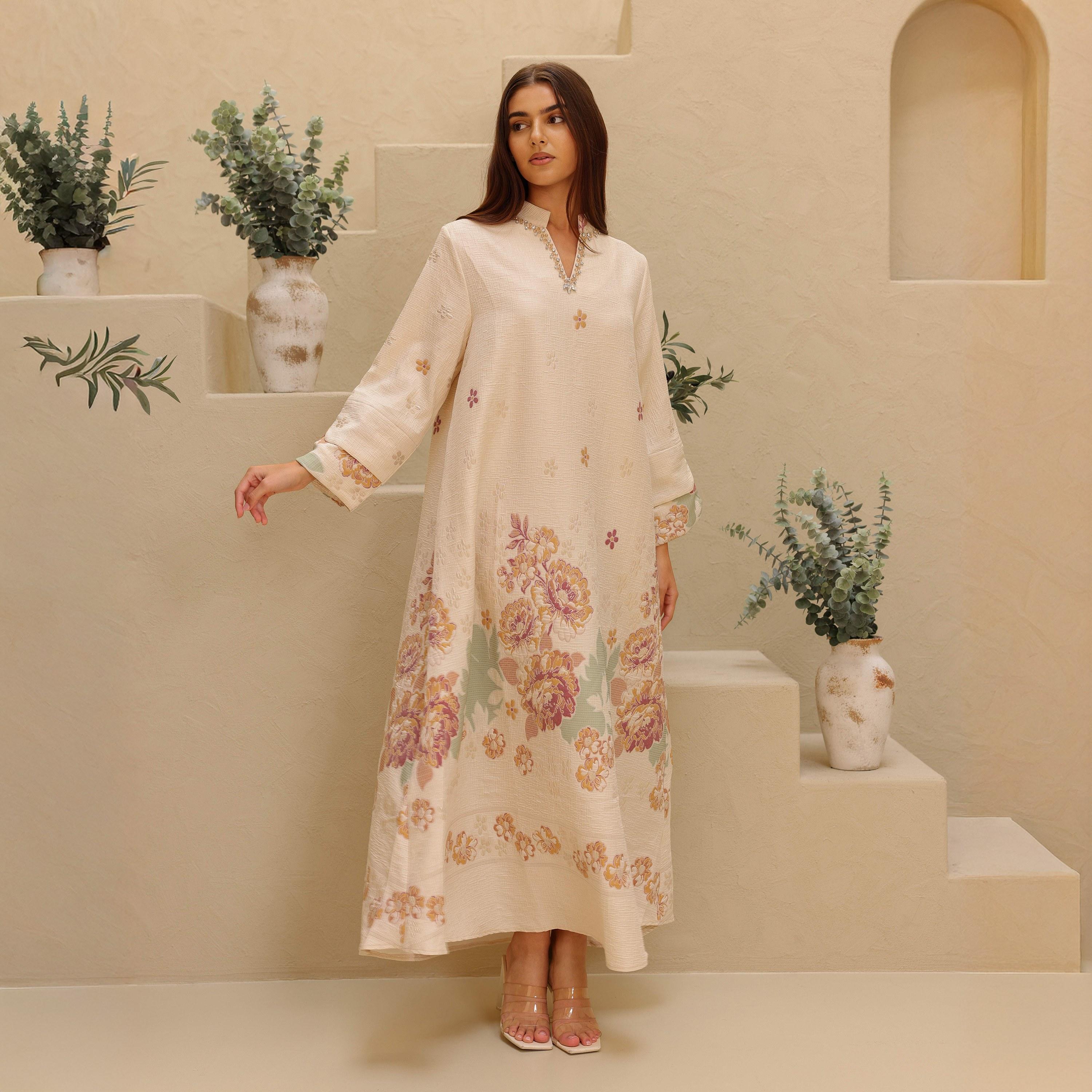 IKKXA Floral Print Mandarin Collar Layered Sleeves Women's Jalabiya-women-arabicclothing-jalabiyas-image-1
