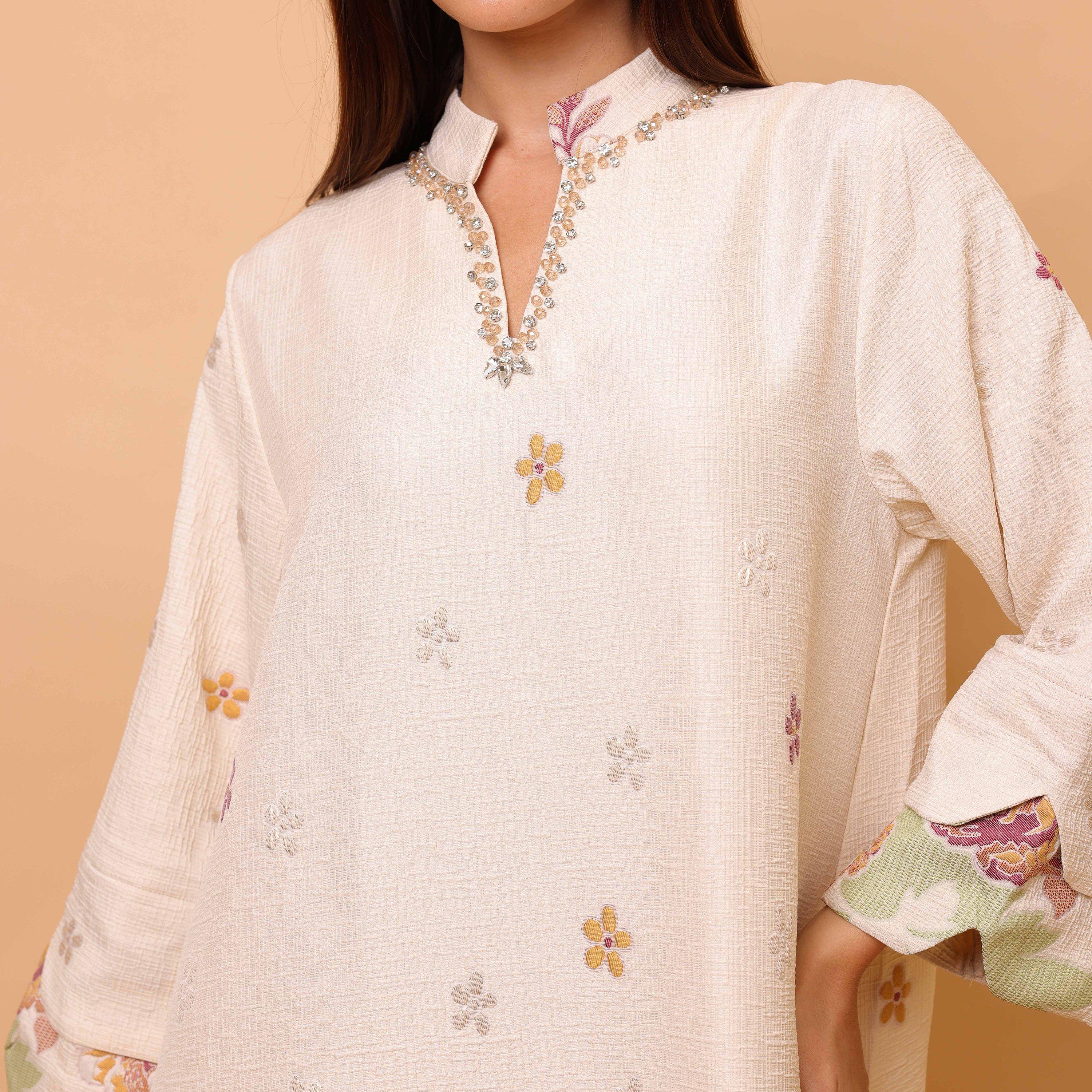 IKKXA Floral Print Mandarin Collar Layered Sleeves Women's Jalabiya-women-arabicclothing-jalabiyas-image-2