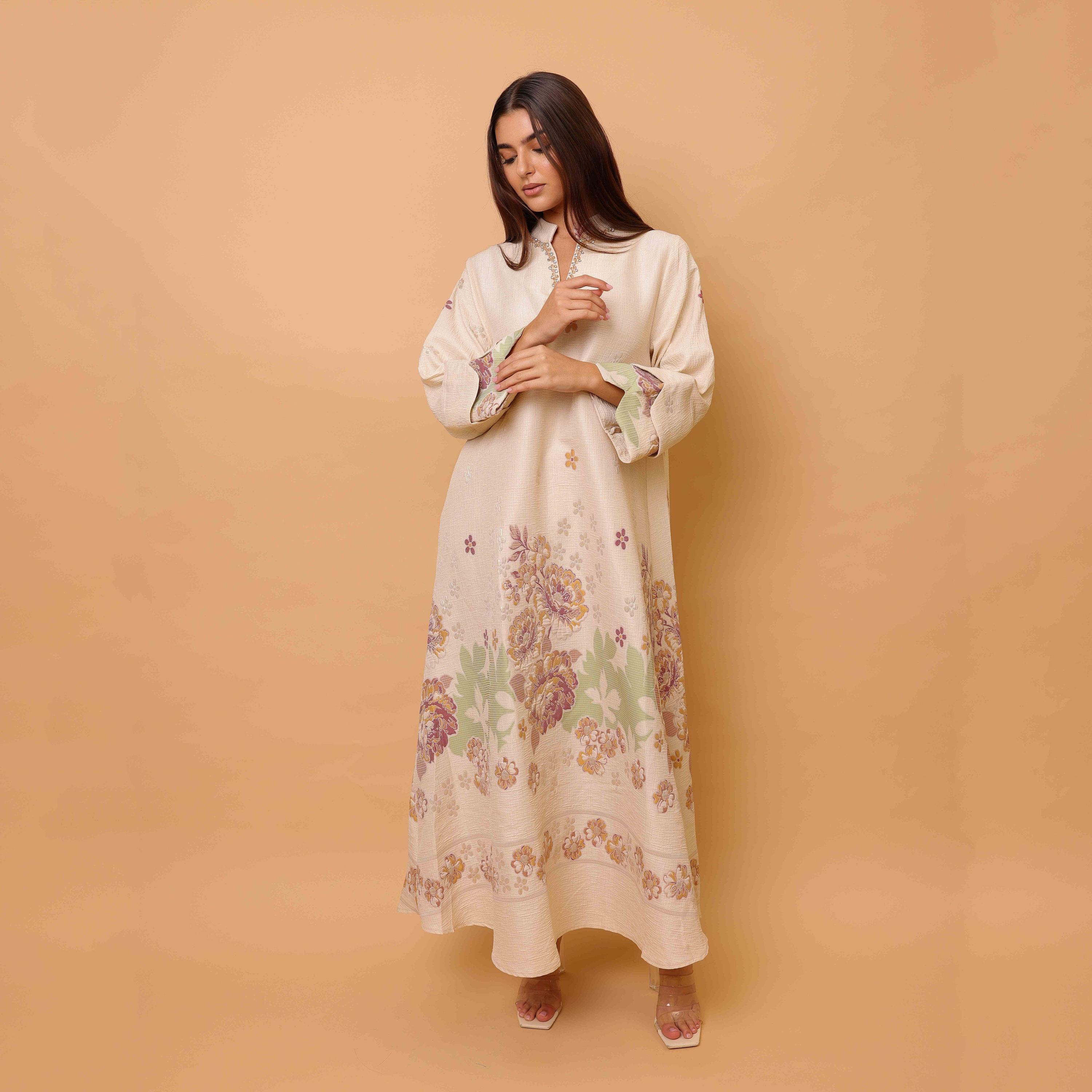 IKKXA Floral Print Mandarin Collar Layered Sleeves Women's Jalabiya-women-arabicclothing-jalabiyas-image-3