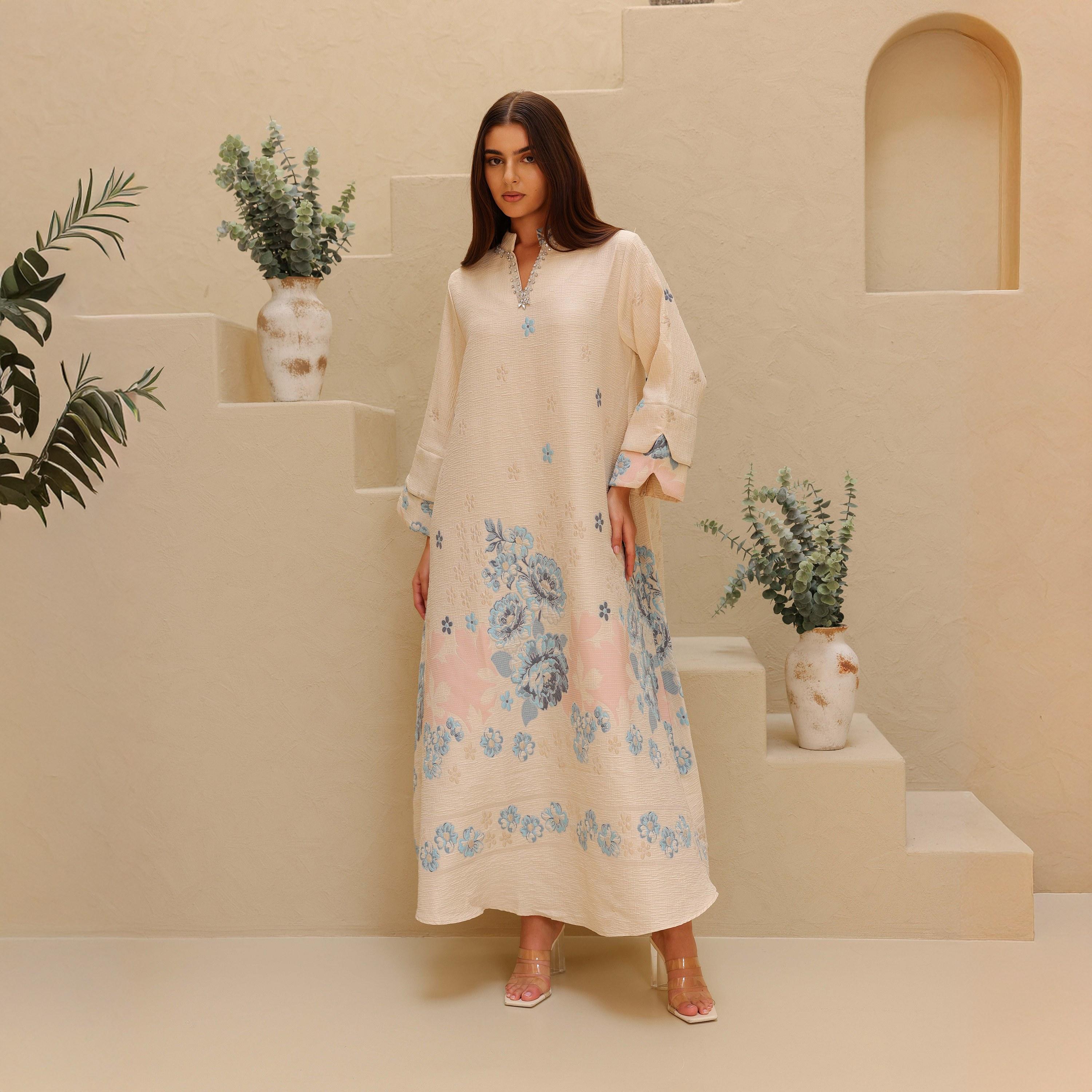 IKKXA Floral Print Mandarin Collar Layered Sleeves Women's Jalabiya-women-arabicclothing-jalabiyas-image-5