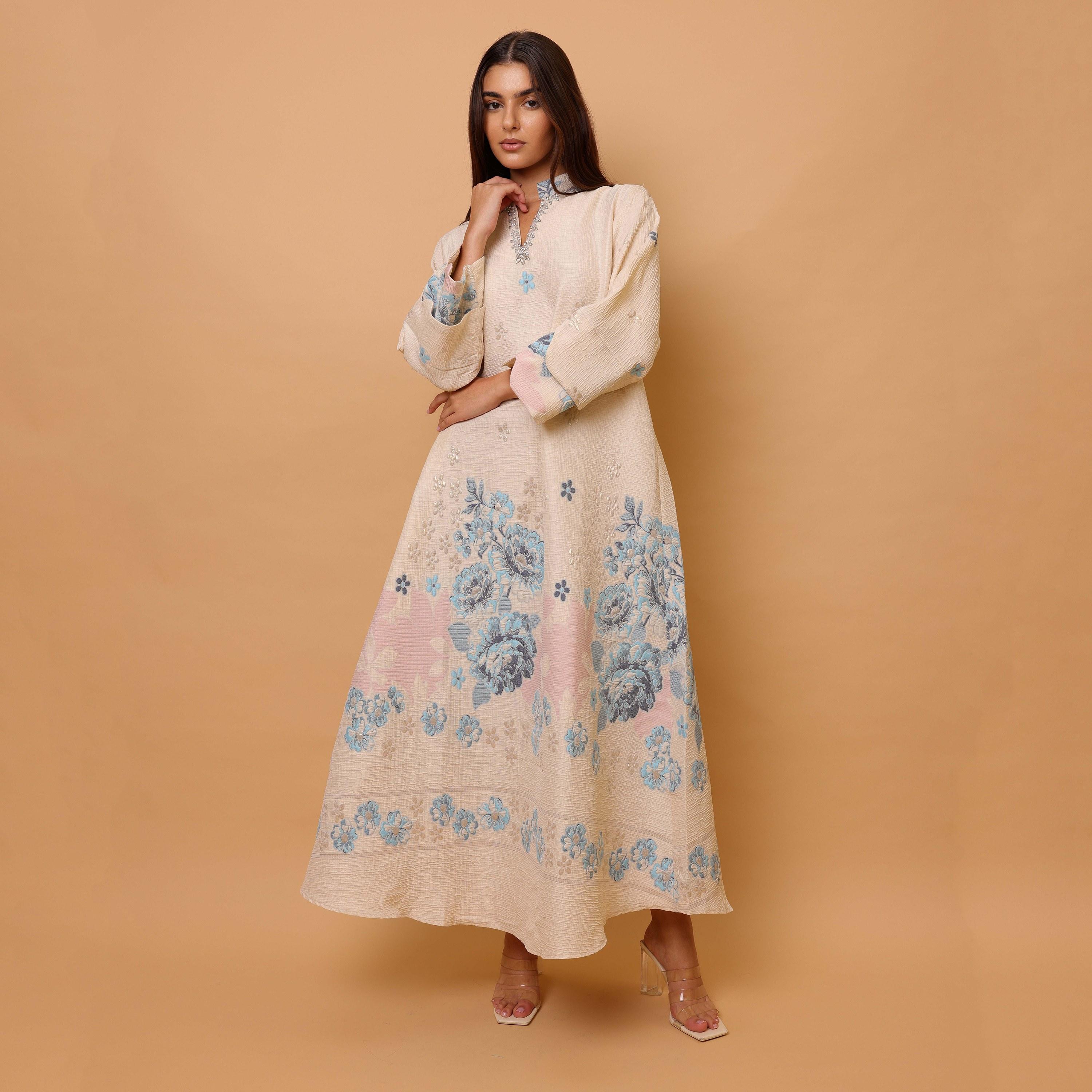 IKKXA Floral Print Mandarin Collar Layered Sleeves Women's Jalabiya-women-arabicclothing-jalabiyas-image-7