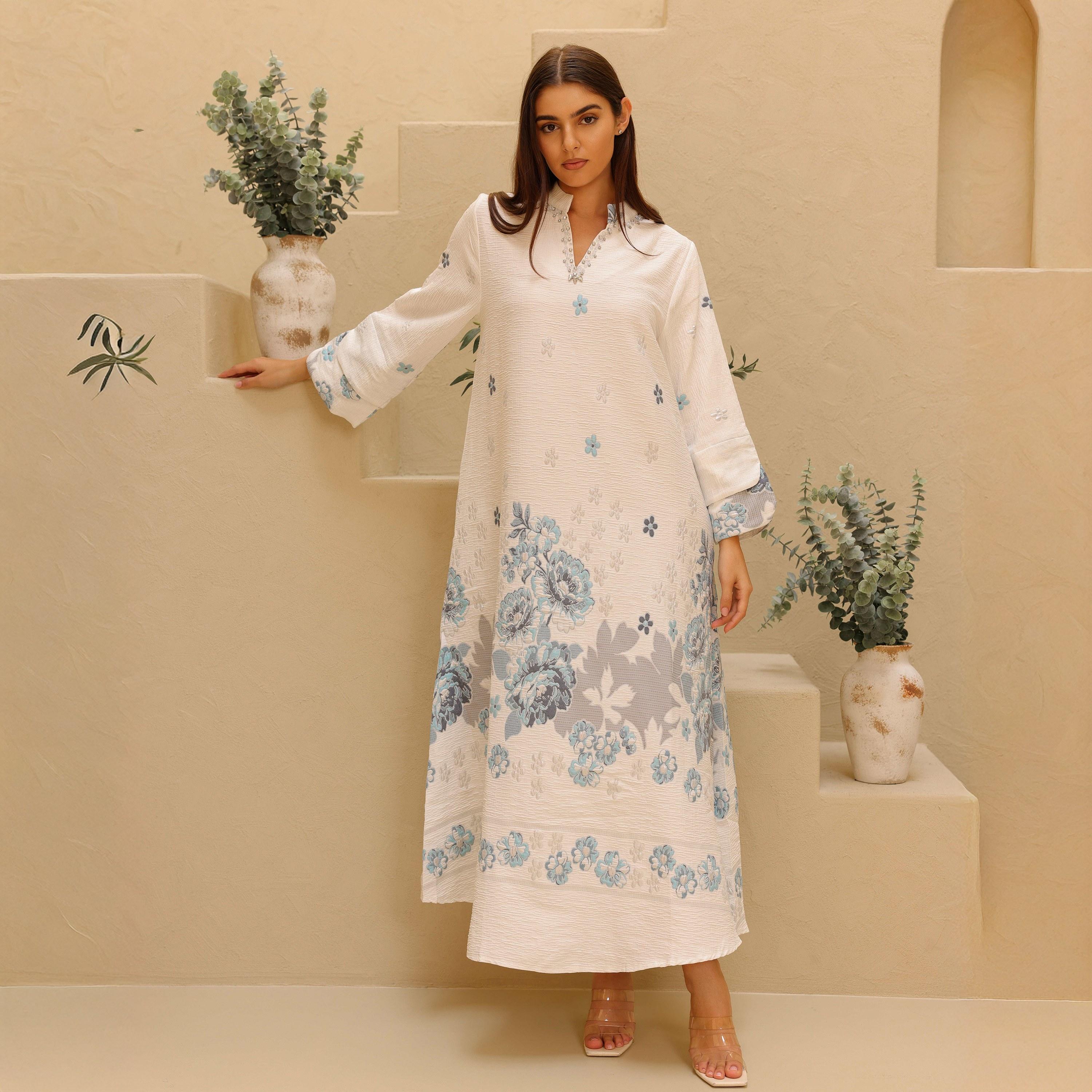 IKKXA Floral Print Mandarin Collar Layered Sleeves Women's Jalabiya-women-arabicclothing-jalabiyas-image-9