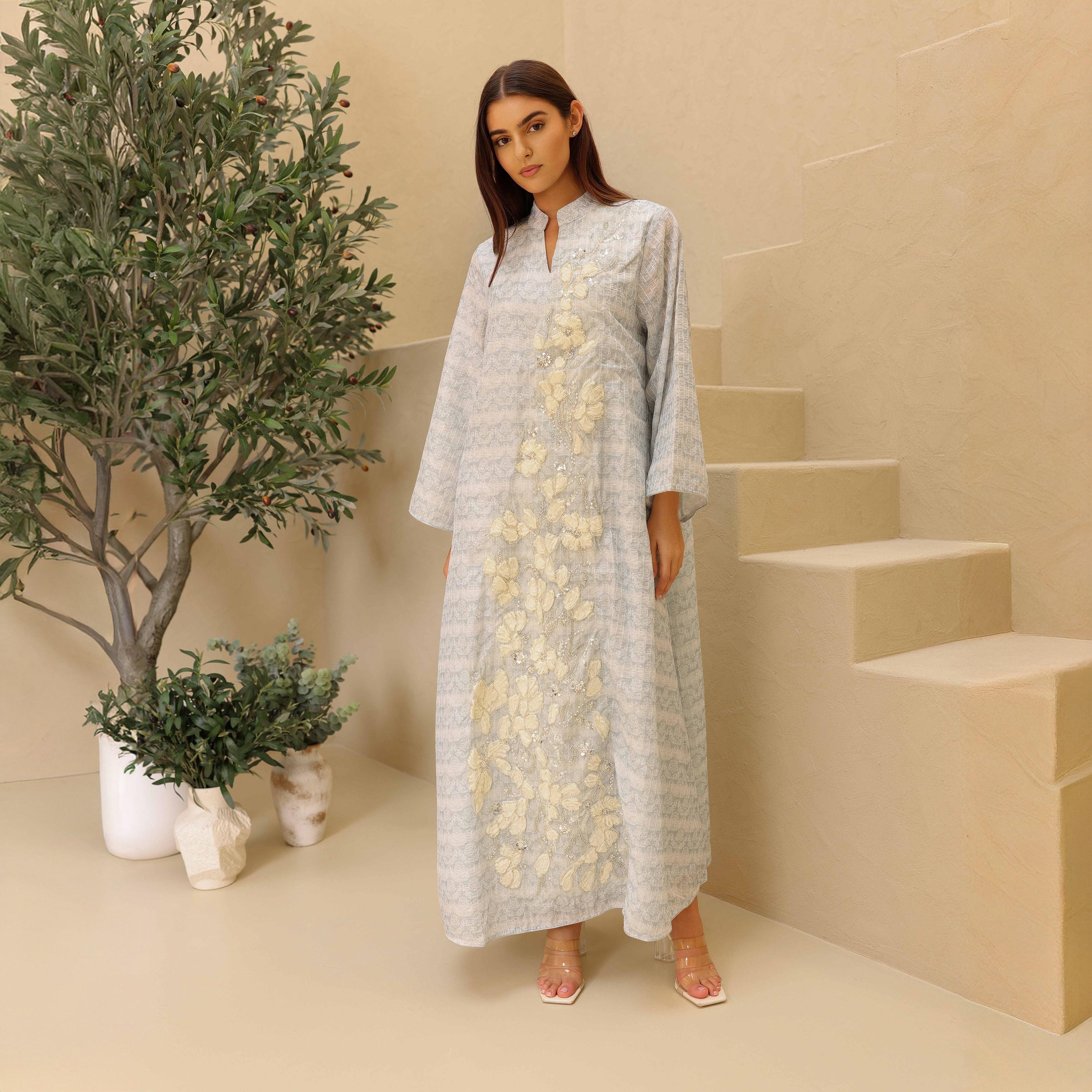 IKKXA Floral Motifs & Beaded Mandarin Collar Wide Sleeves Women's Evening Jalabiya-women-arabicclothing-jalabiyas-image-7