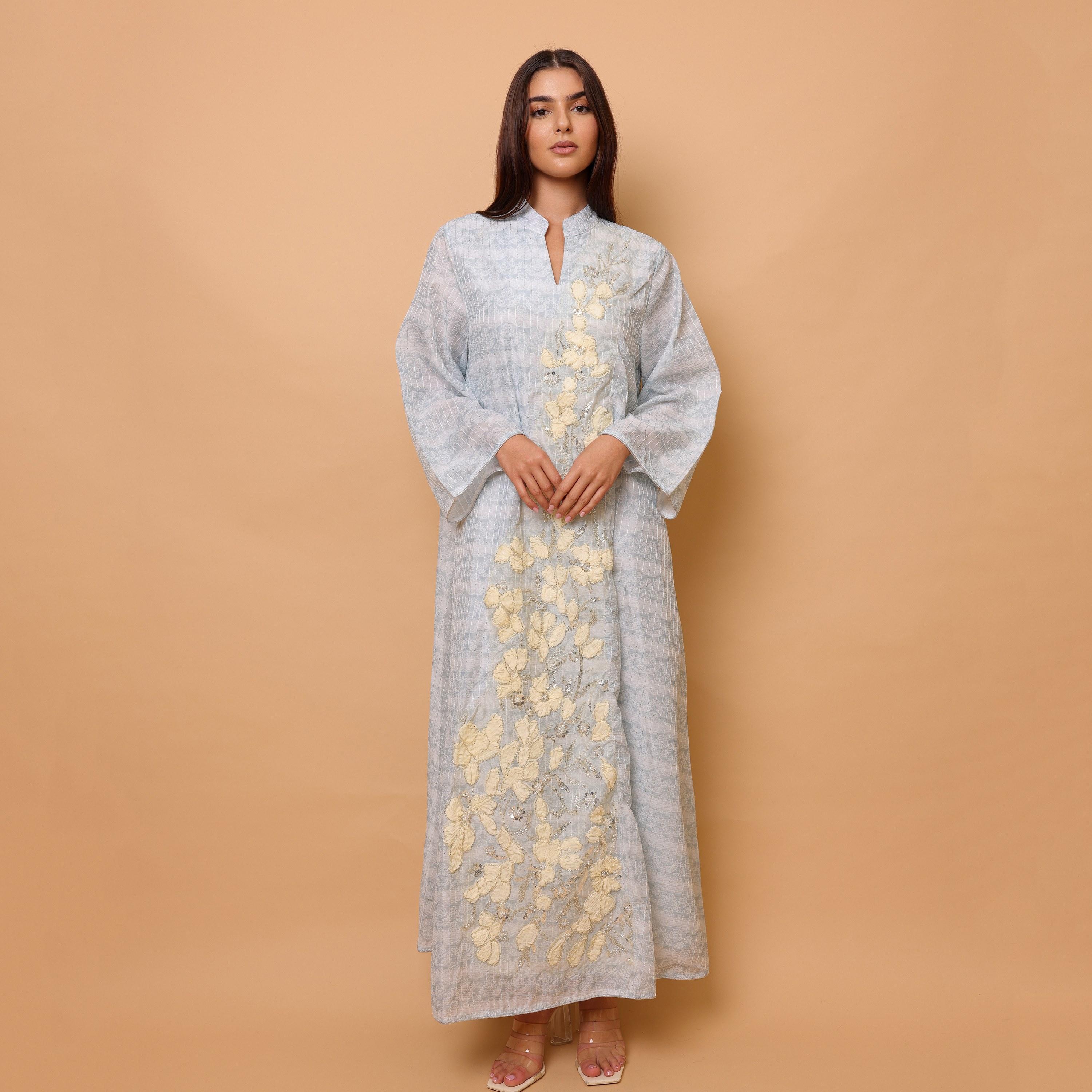 IKKXA Floral Motifs & Beaded Mandarin Collar Wide Sleeves Women's Evening Jalabiya-women-arabicclothing-jalabiyas-image-9