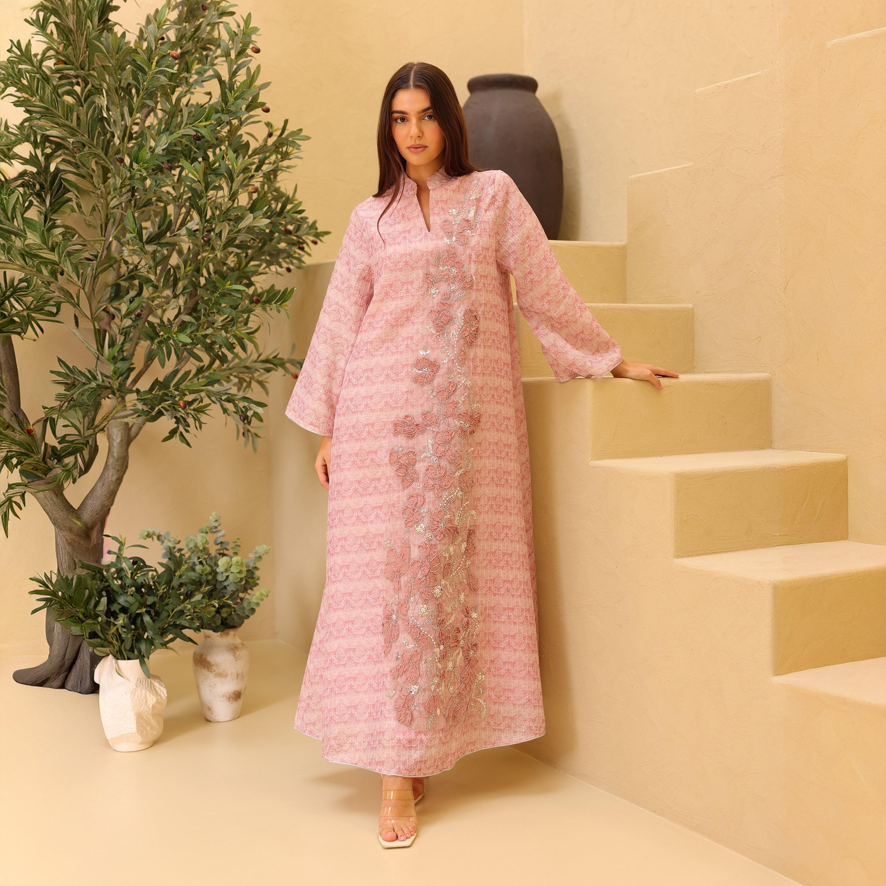 جلابية سهرة نسائية بزخارف زهور وياقة ماندارين مزينة بالخرز وأكمام واسعة من إيككسا-women-arabicclothing-jalabiyas-image-1