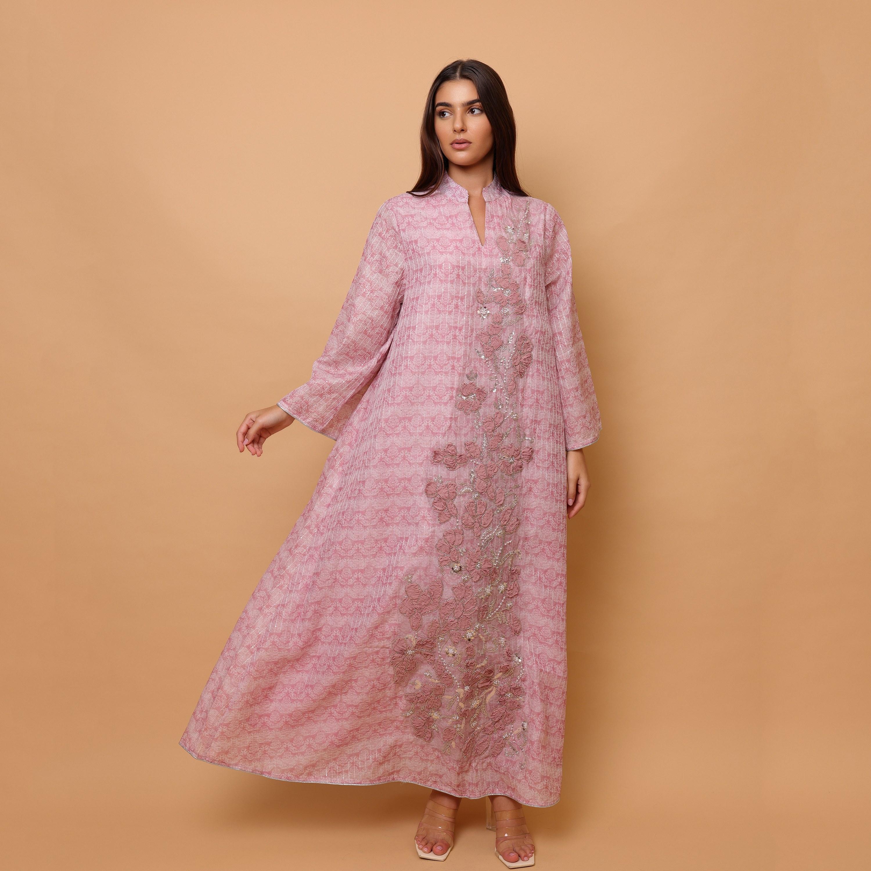 جلابية سهرة نسائية بزخارف زهور وياقة ماندارين مزينة بالخرز وأكمام واسعة من إيككسا-women-arabicclothing-jalabiyas-image-3