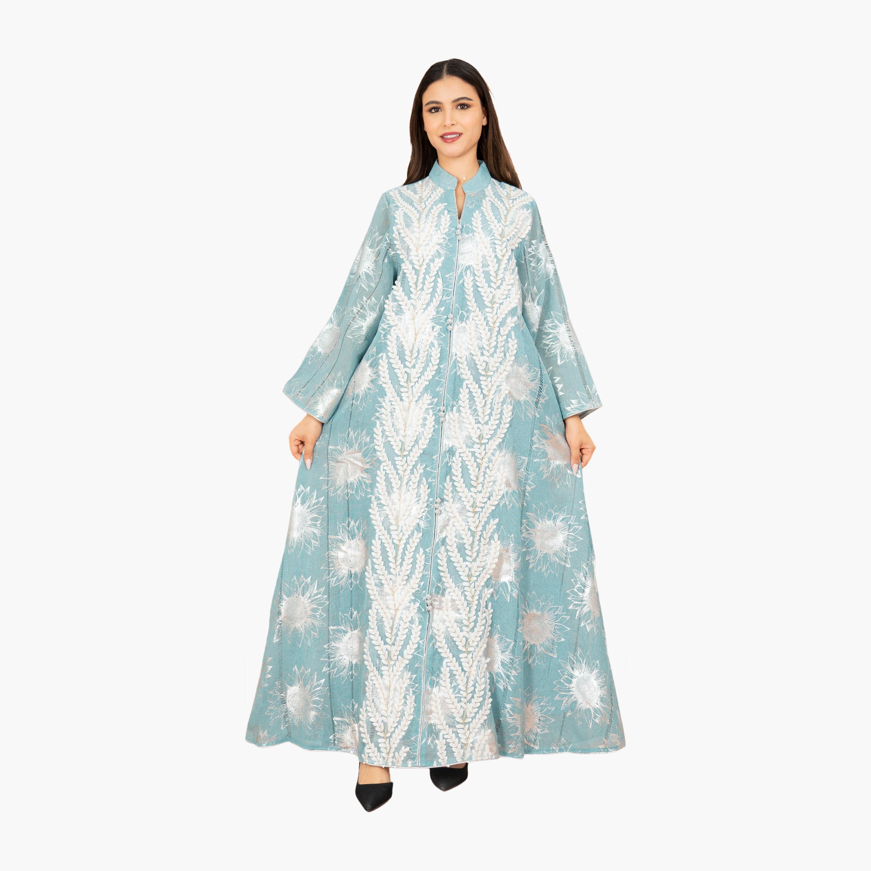 IKKXA Turquoise Leaf Vines Embroidered Mandarin Collar Flared Sleeves Women's Evening Jalabiya-women-arabicclothing-jalabiyas-image-1