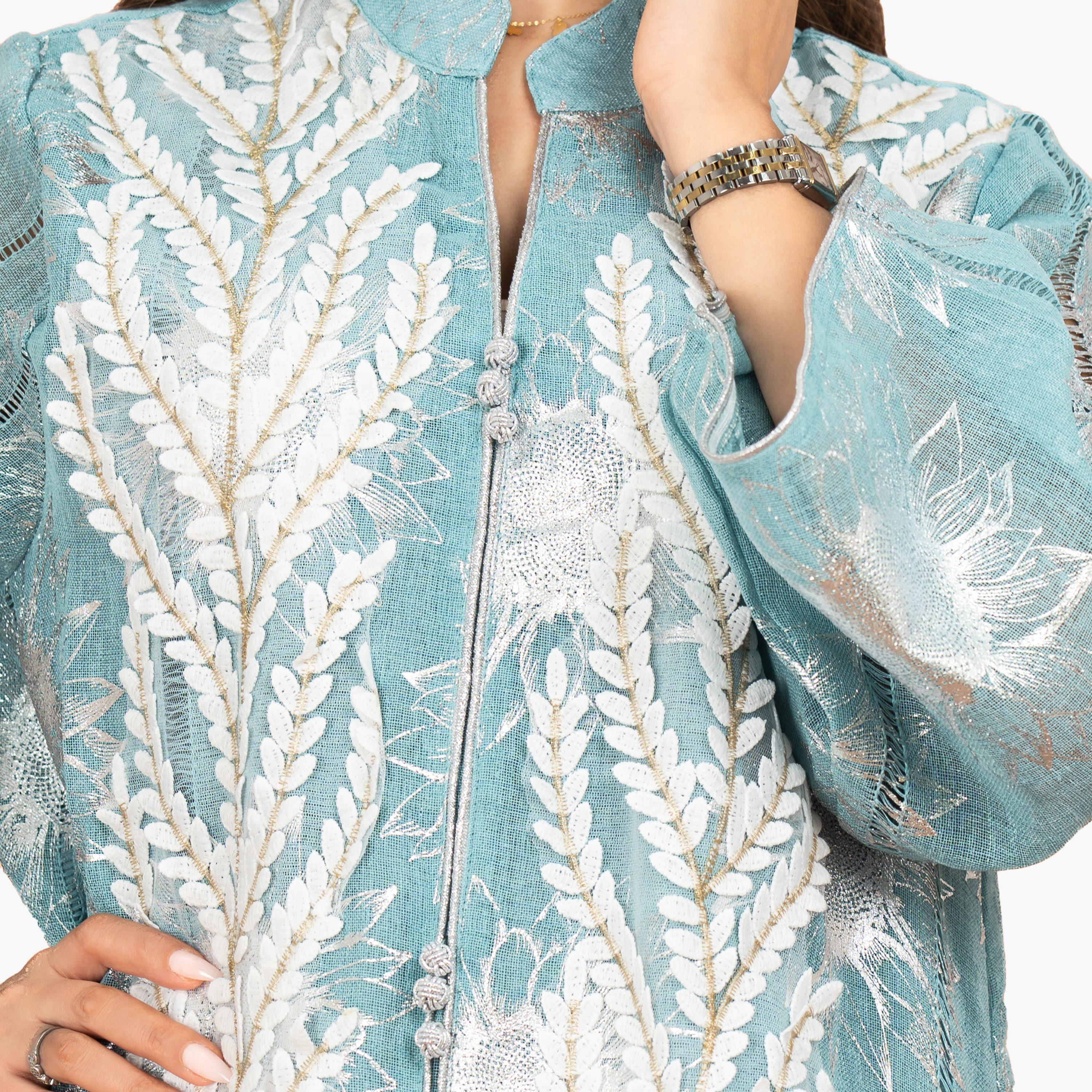 IKKXA Turquoise Leaf Vines Embroidered Mandarin Collar Flared Sleeves Women's Evening Jalabiya-women-arabicclothing-jalabiyas-image-2