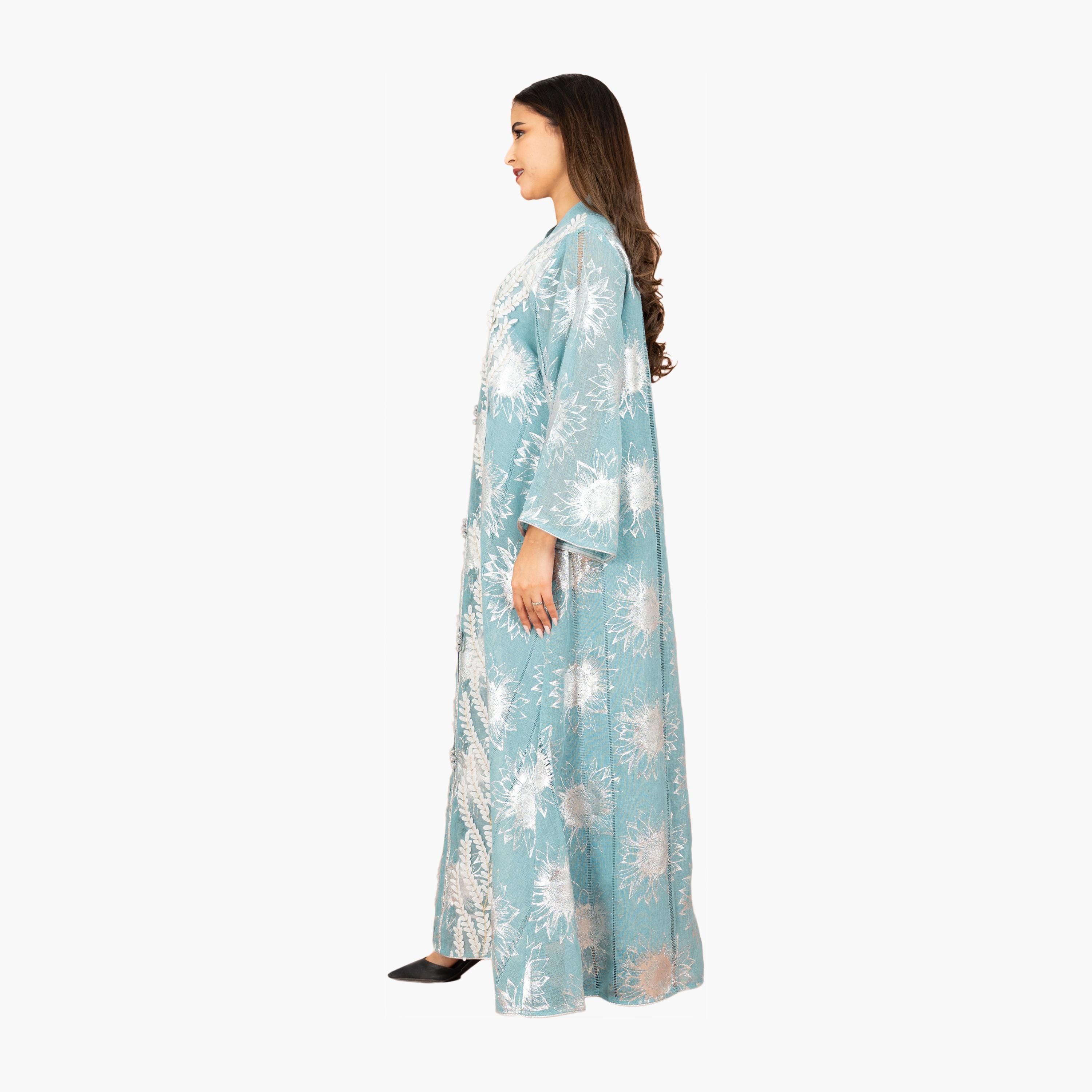 IKKXA Turquoise Leaf Vines Embroidered Mandarin Collar Flared Sleeves Women's Evening Jalabiya-women-arabicclothing-jalabiyas-image-3