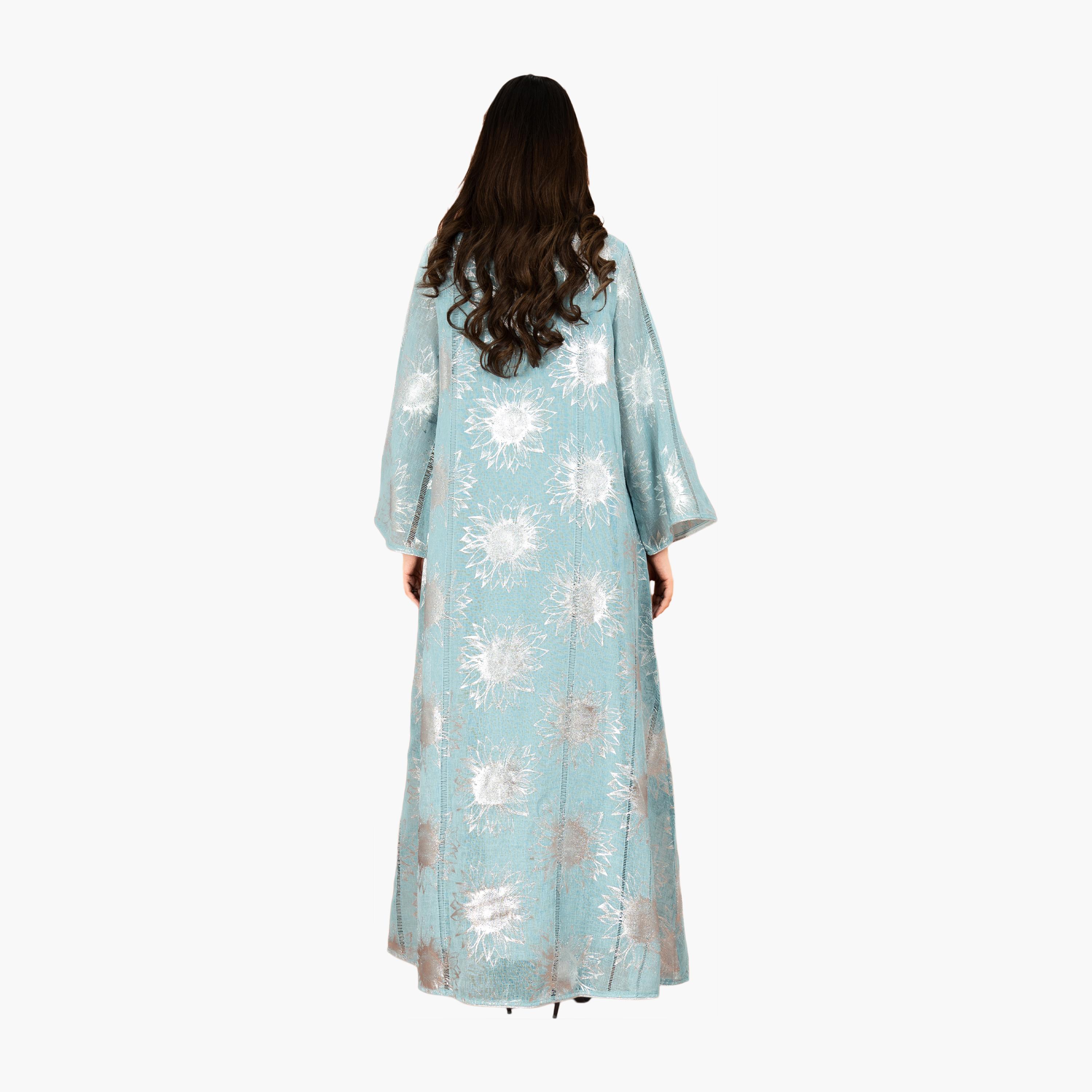 IKKXA Turquoise Leaf Vines Embroidered Mandarin Collar Flared Sleeves Women's Evening Jalabiya-women-arabicclothing-jalabiyas-image-4