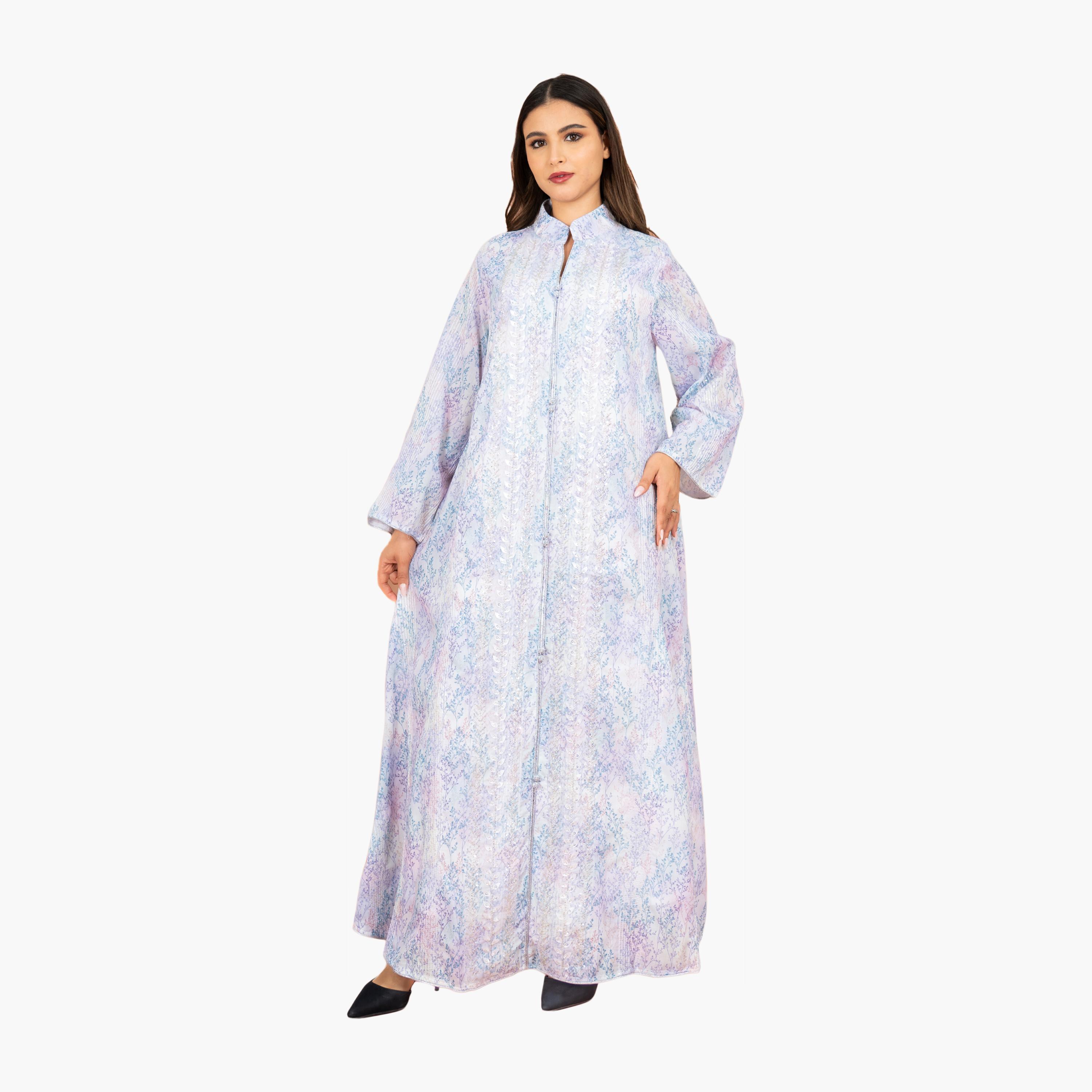 IKKXA Beaded & Vines Print Mandarin Collar Flared Sleeves Women's Evening Jalabiya-women-arabicclothing-jalabiyas-image-5