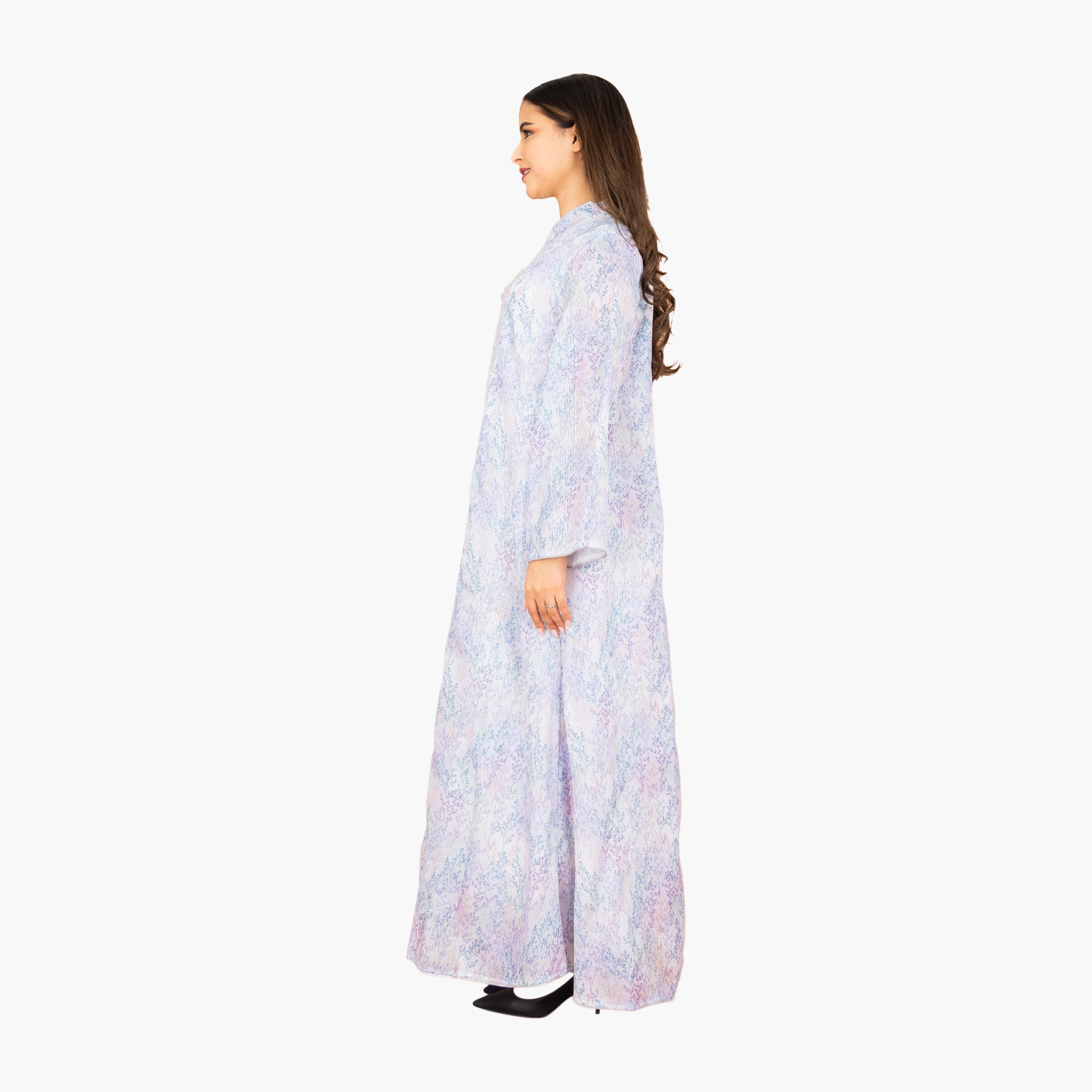 IKKXA Beaded & Vines Print Mandarin Collar Flared Sleeves Women's Evening Jalabiya-women-arabicclothing-jalabiyas-image-7